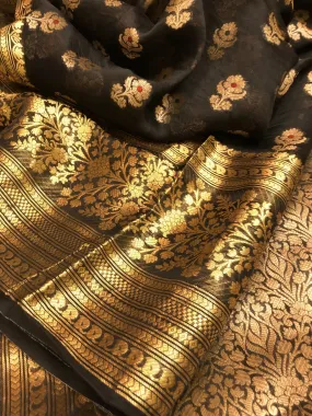 Deep Black Color Kora Organza Banarasi Saree with Zari Work