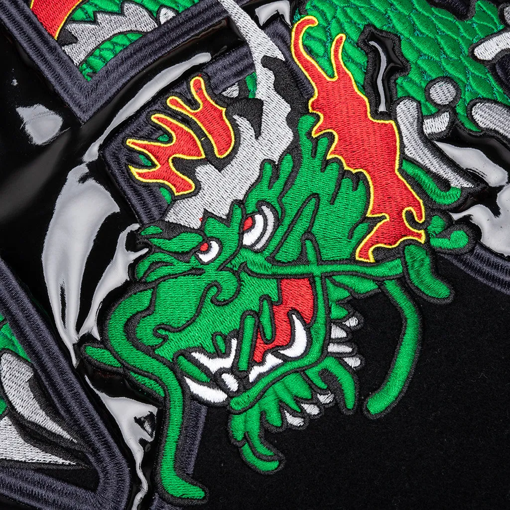 Dragon Embroidered Varsity Jacket - Black