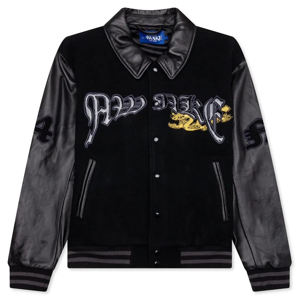 Dragon Embroidered Varsity Jacket - Black