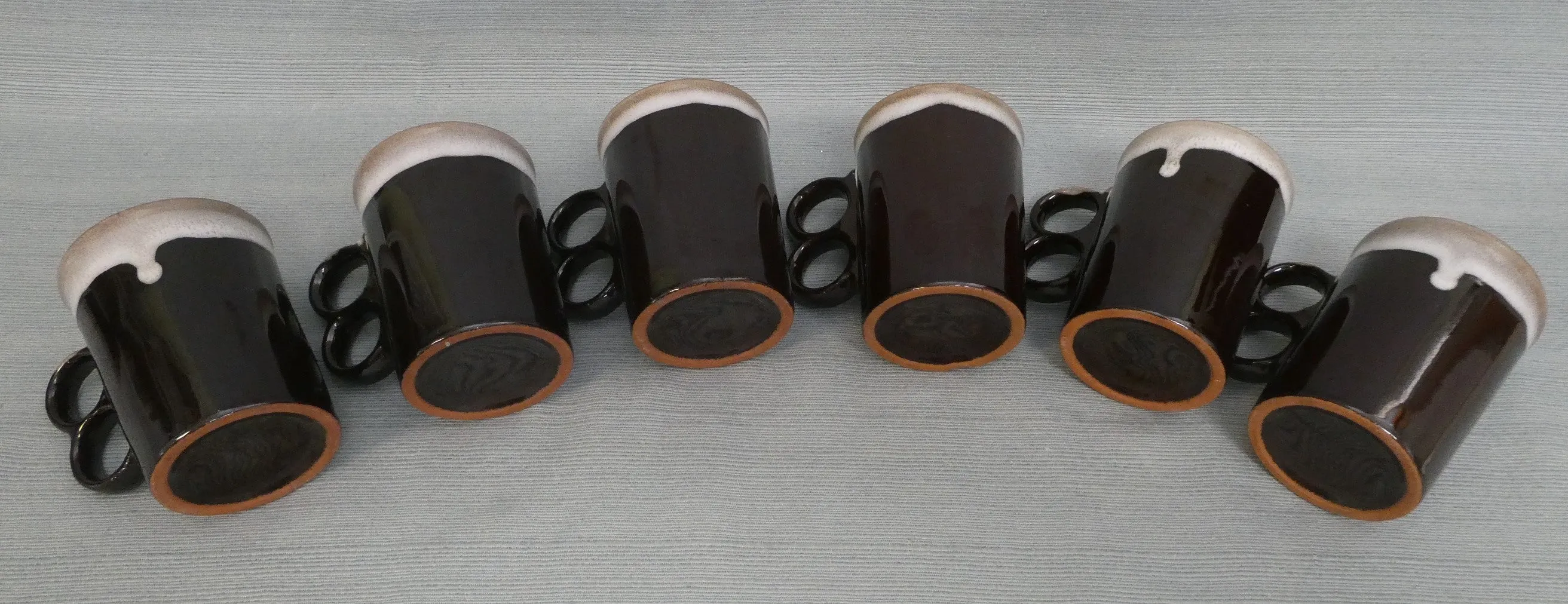 Drip Glaze Redware Double Finger Mugs - Lot of 6