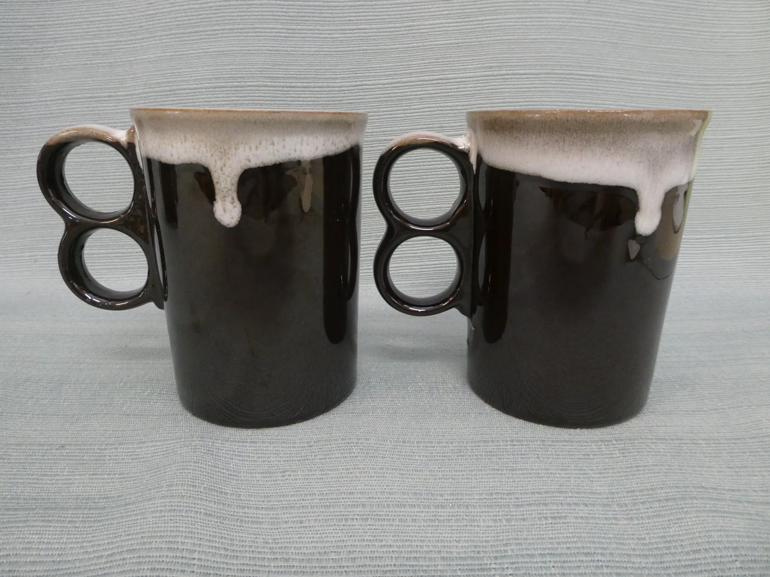 Drip Glaze Redware Double Finger Mugs - Lot of 6