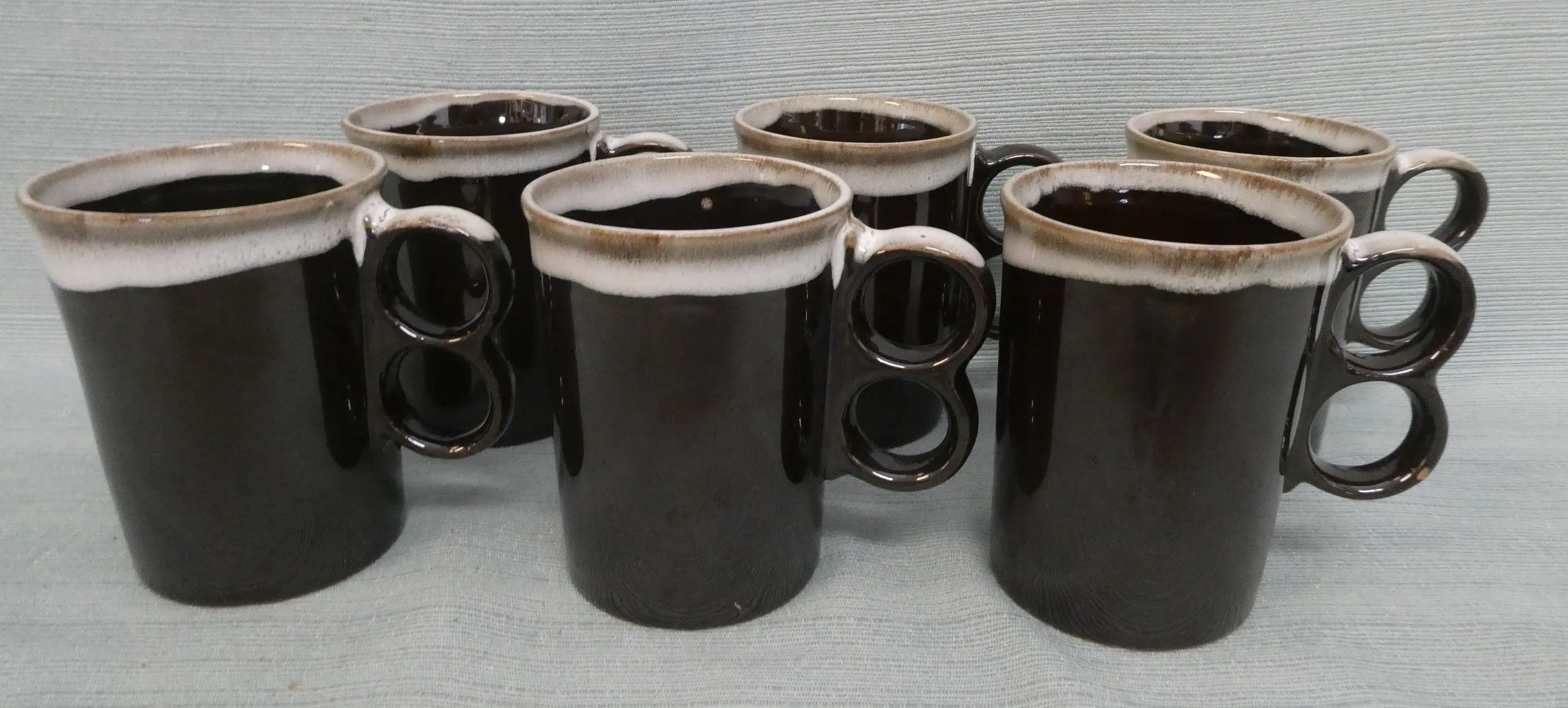 Drip Glaze Redware Double Finger Mugs - Lot of 6