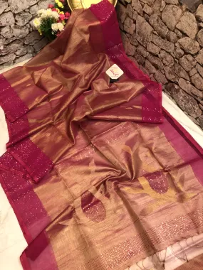 Dual Tone Magenta and Golden Color Tissue Resham Handloom Saree with Sequin Work