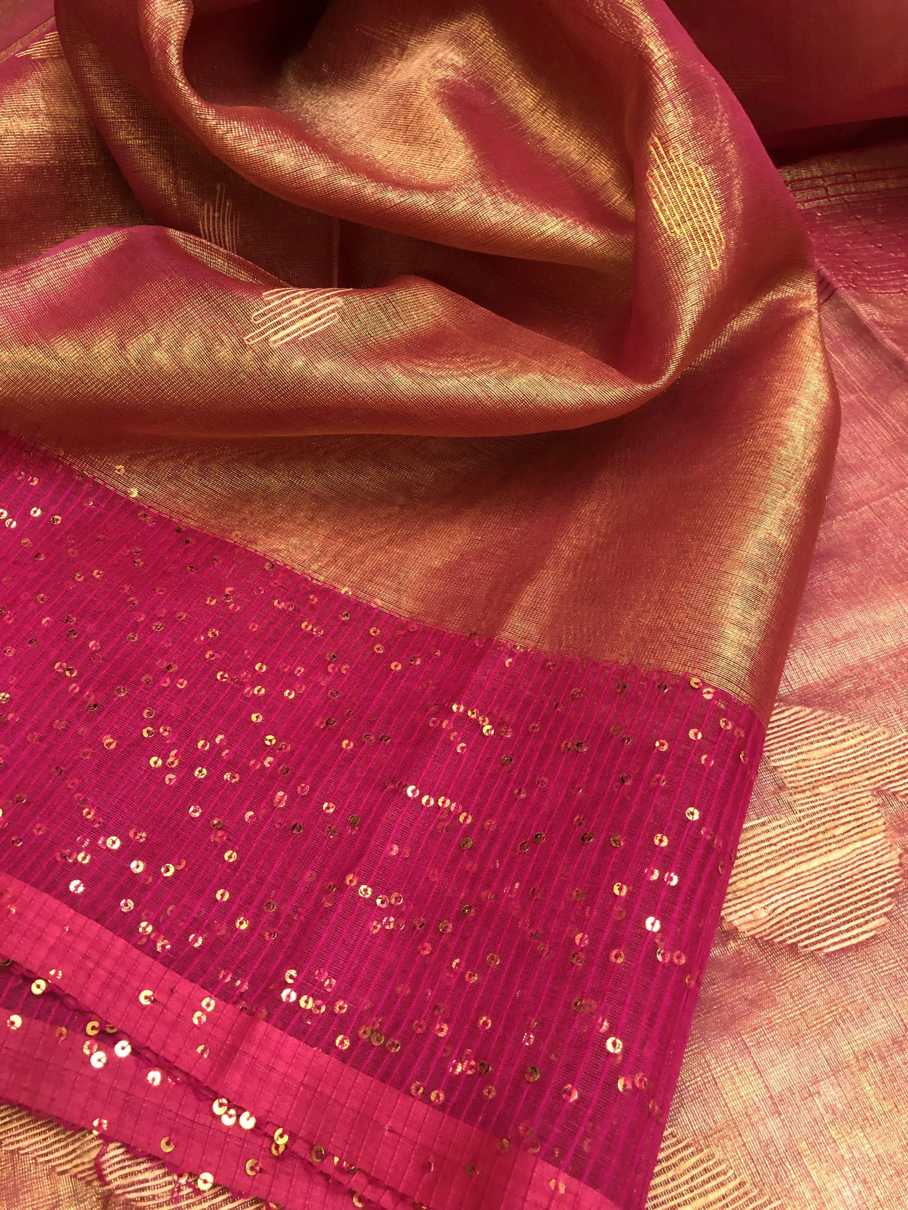 Dual Tone Magenta and Golden Color Tissue Resham Handloom Saree with Sequin Work