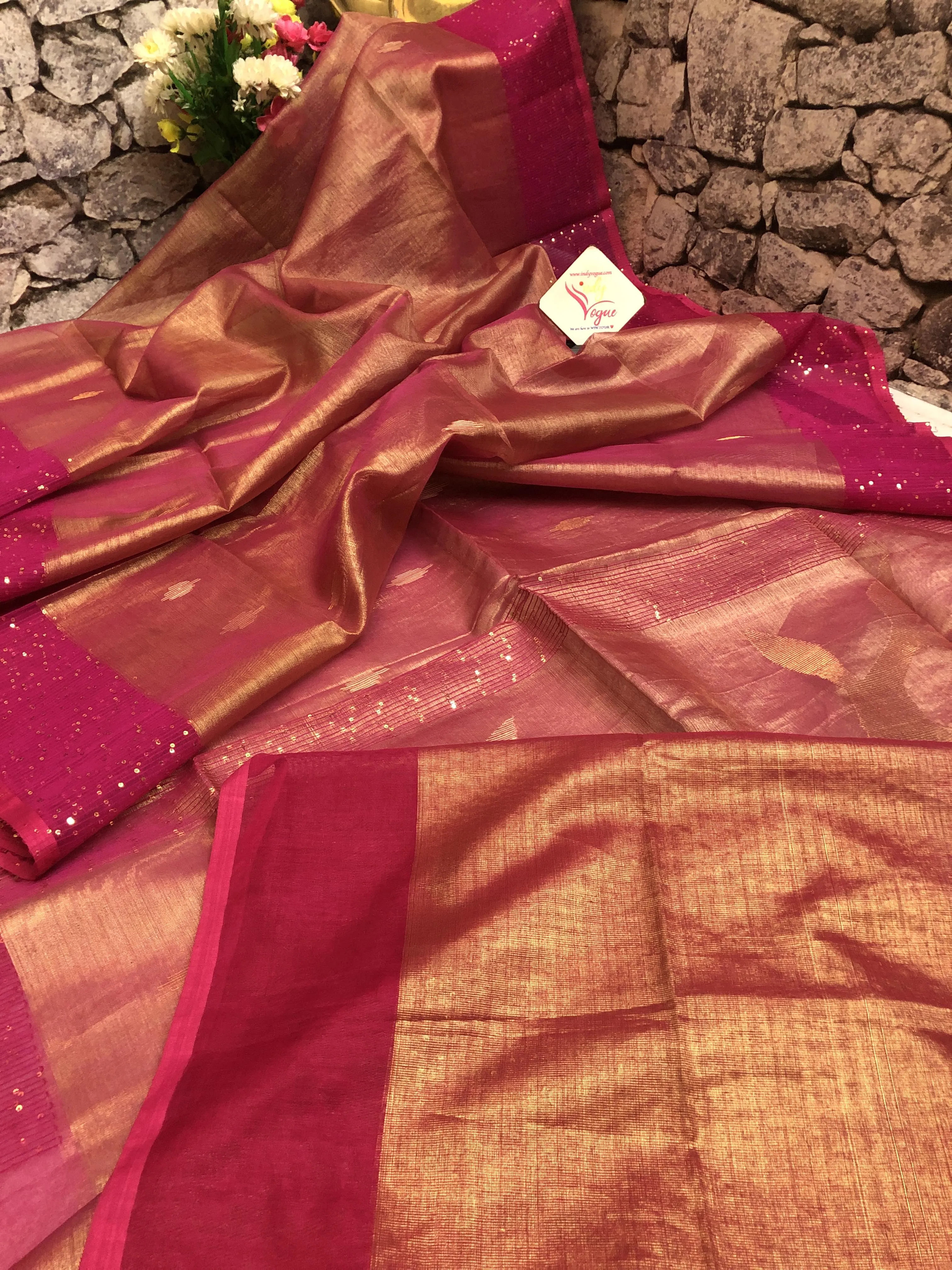 Dual Tone Magenta and Golden Color Tissue Resham Handloom Saree with Sequin Work