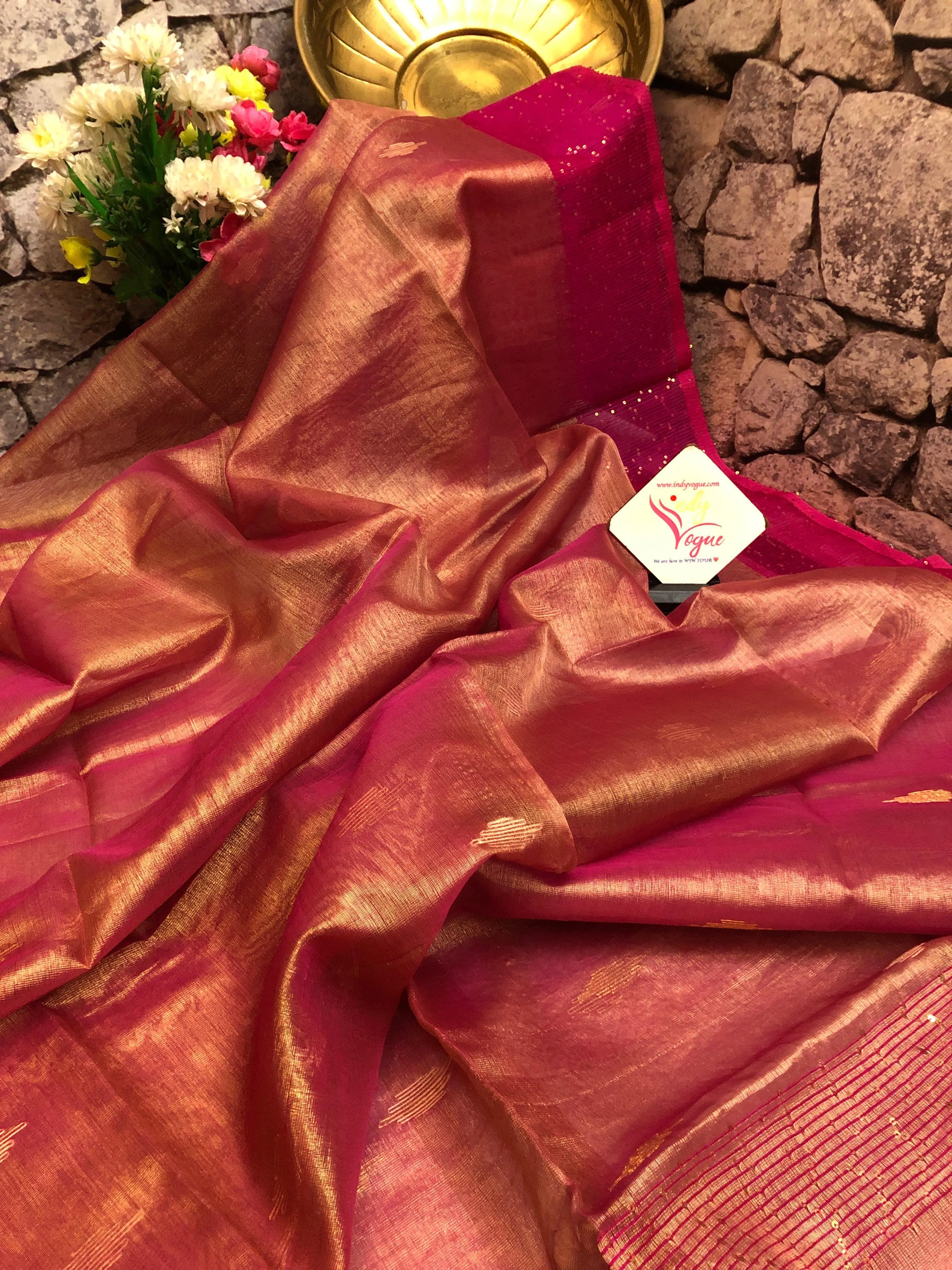 Dual Tone Magenta and Golden Color Tissue Resham Handloom Saree with Sequin Work