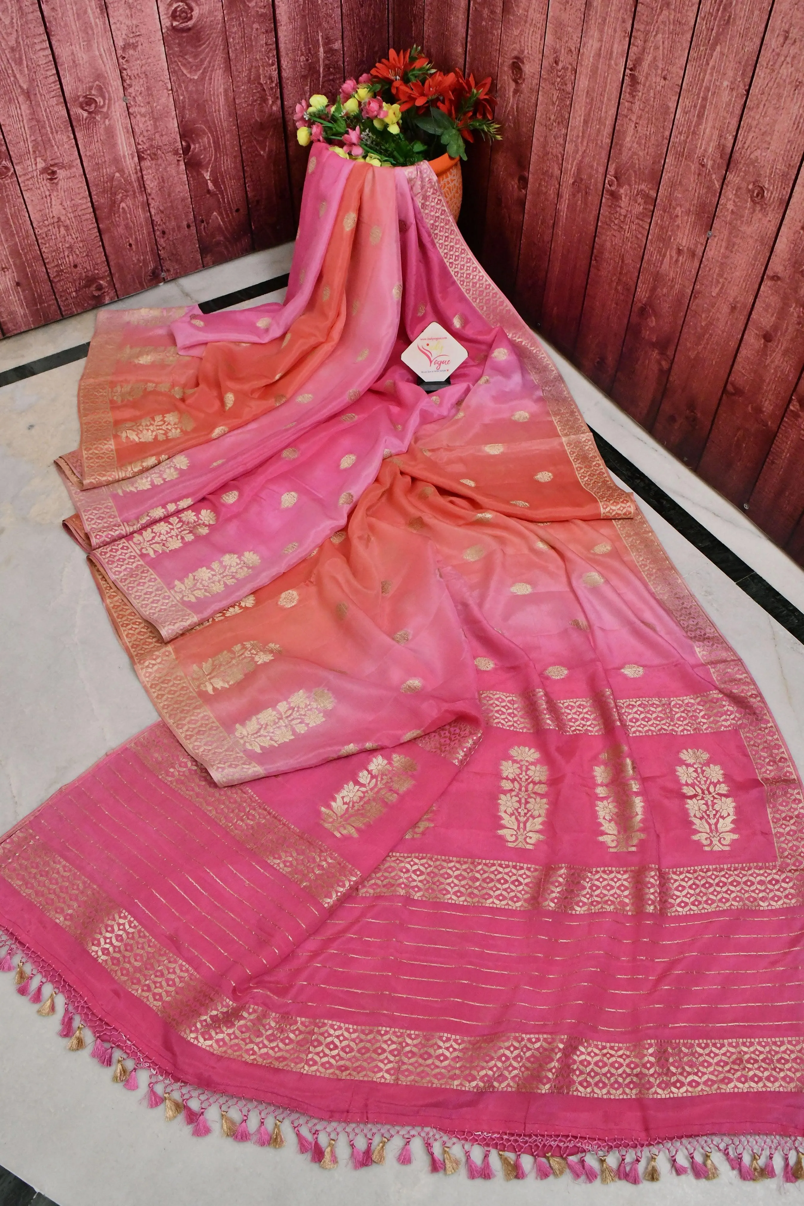 Dual Tone Magenta and Peach Color Chanderi Saree with Zari Work