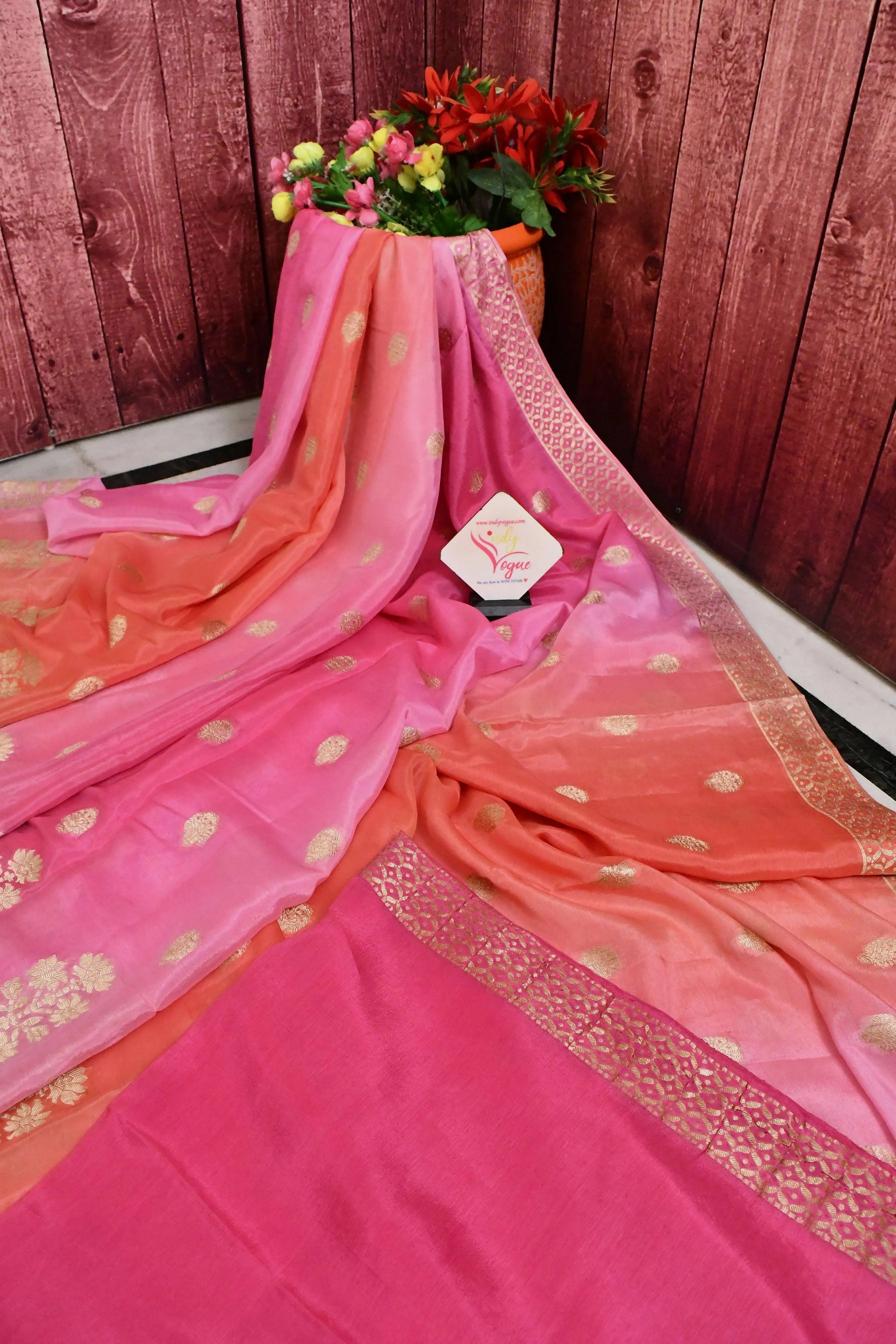 Dual Tone Magenta and Peach Color Chanderi Saree with Zari Work