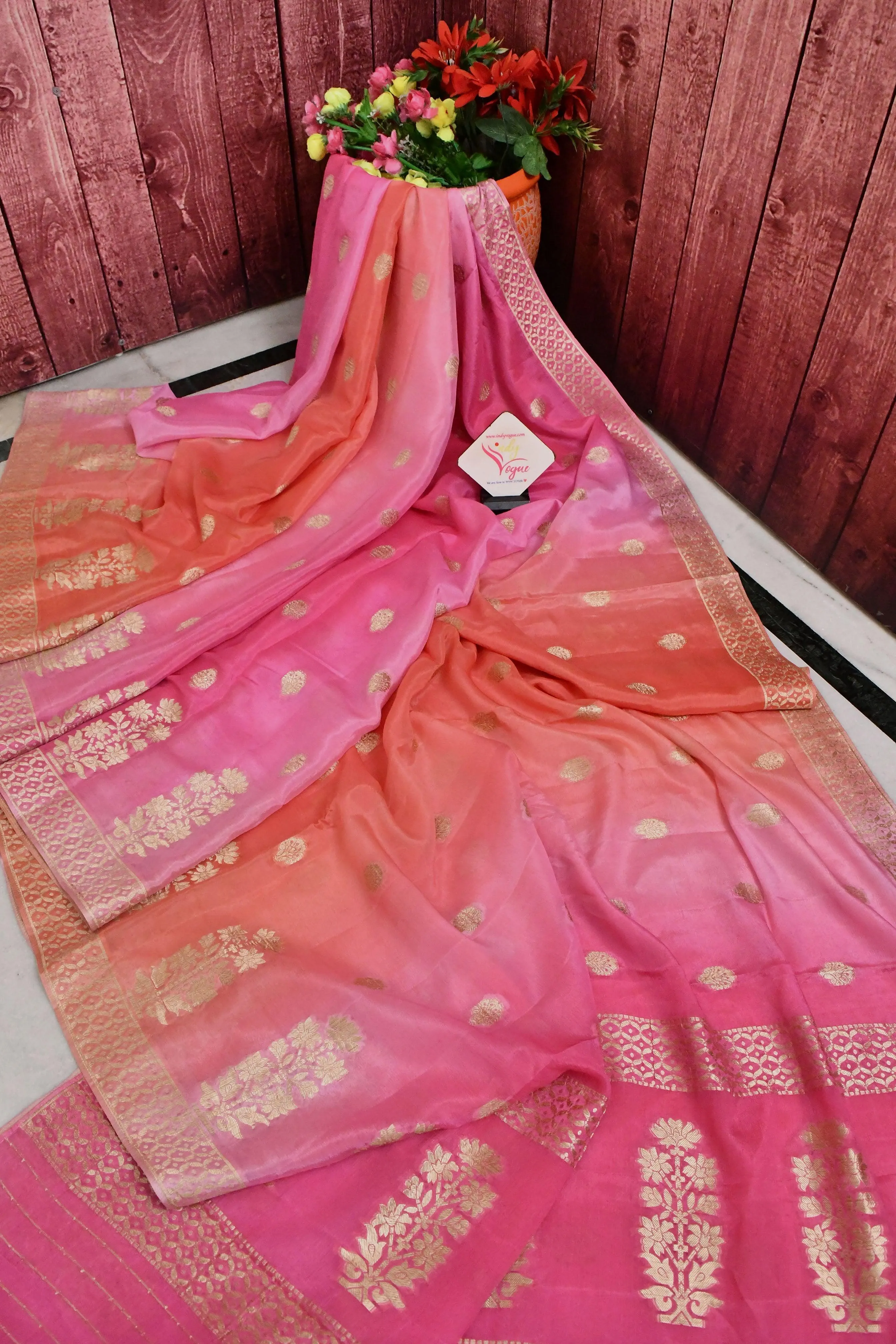 Dual Tone Magenta and Peach Color Chanderi Saree with Zari Work