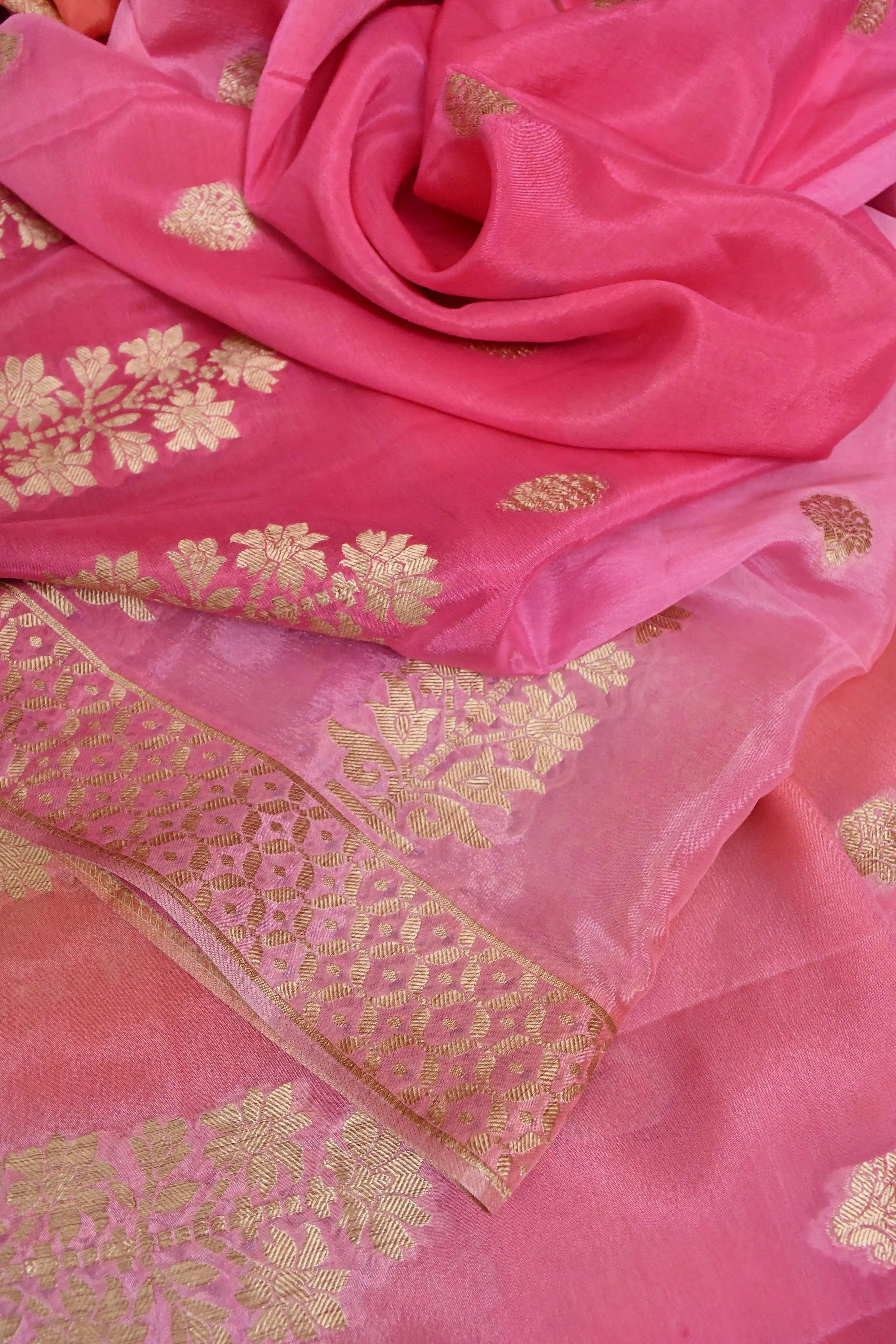 Dual Tone Magenta and Peach Color Chanderi Saree with Zari Work