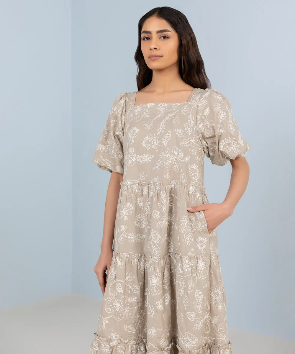 Embroidered Square Neck Cotton Dress