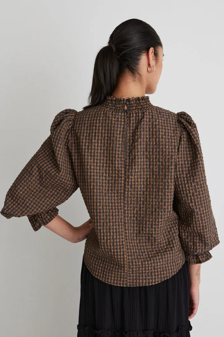 Emphatic Toffee Check Shirred Neck Top