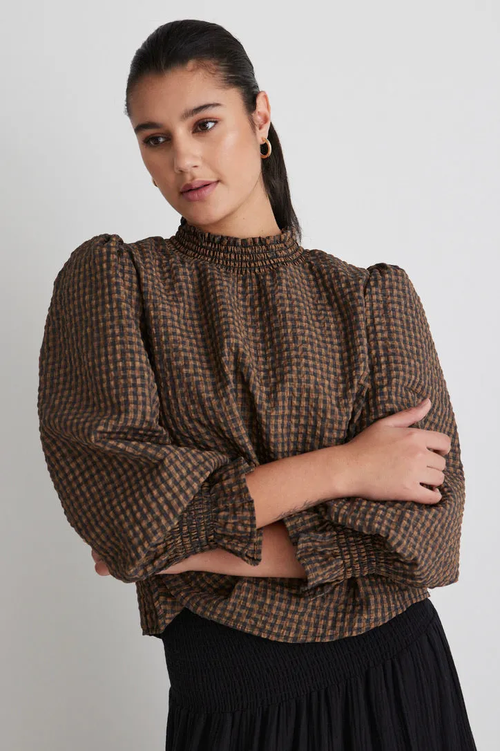 Emphatic Toffee Check Shirred Neck Top