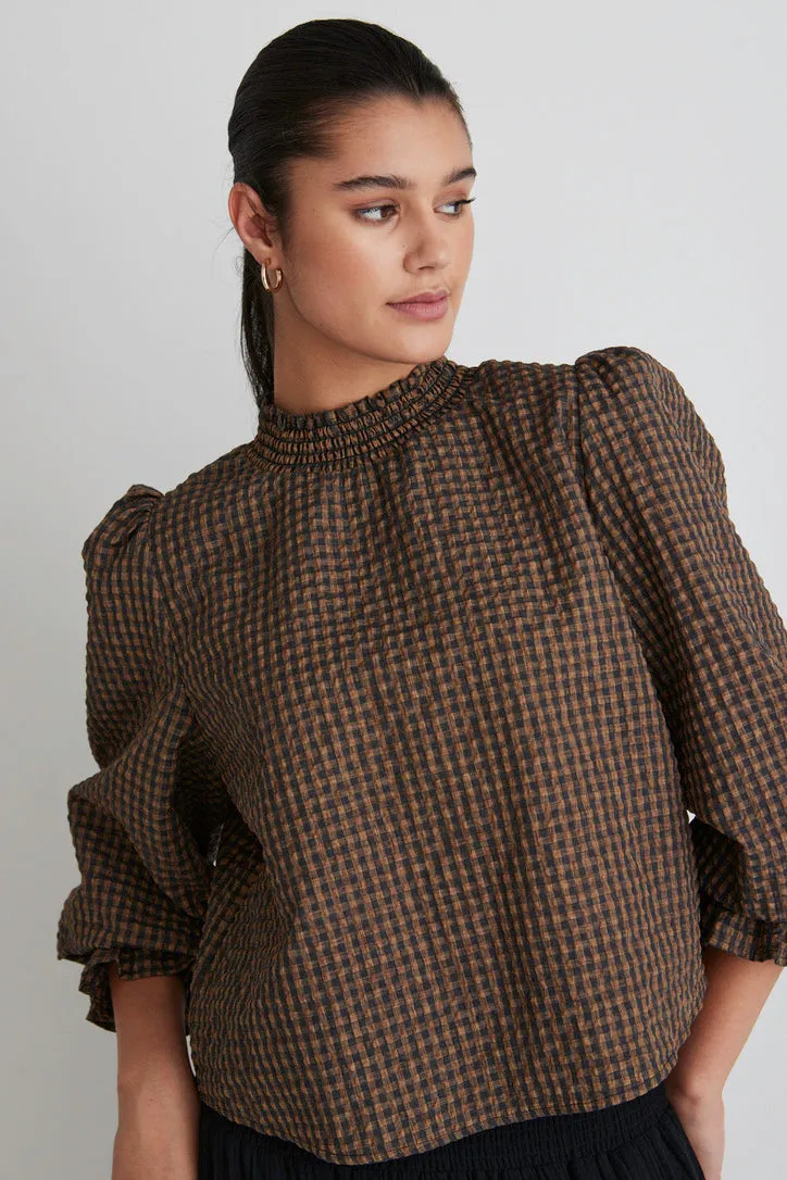 Emphatic Toffee Check Shirred Neck Top