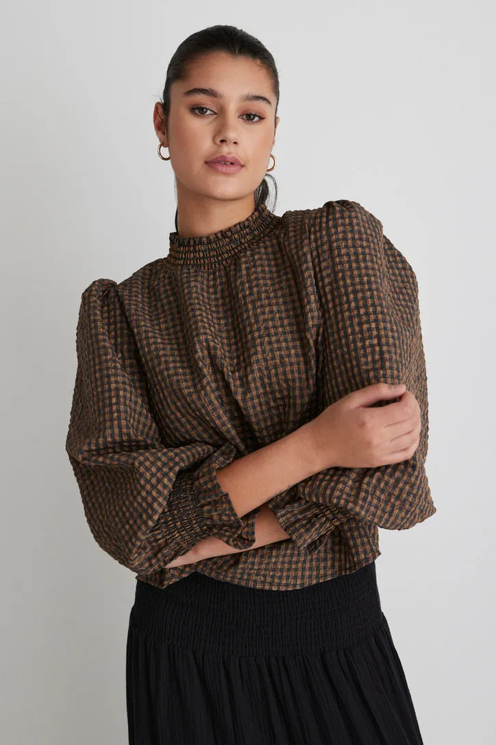 Emphatic Toffee Check Shirred Neck Top