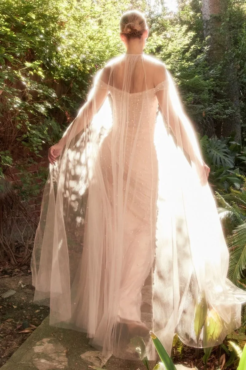 Enchantress | Pearl Pleated Tulle Gown with Cape | Andrea & Leo Couture A1219