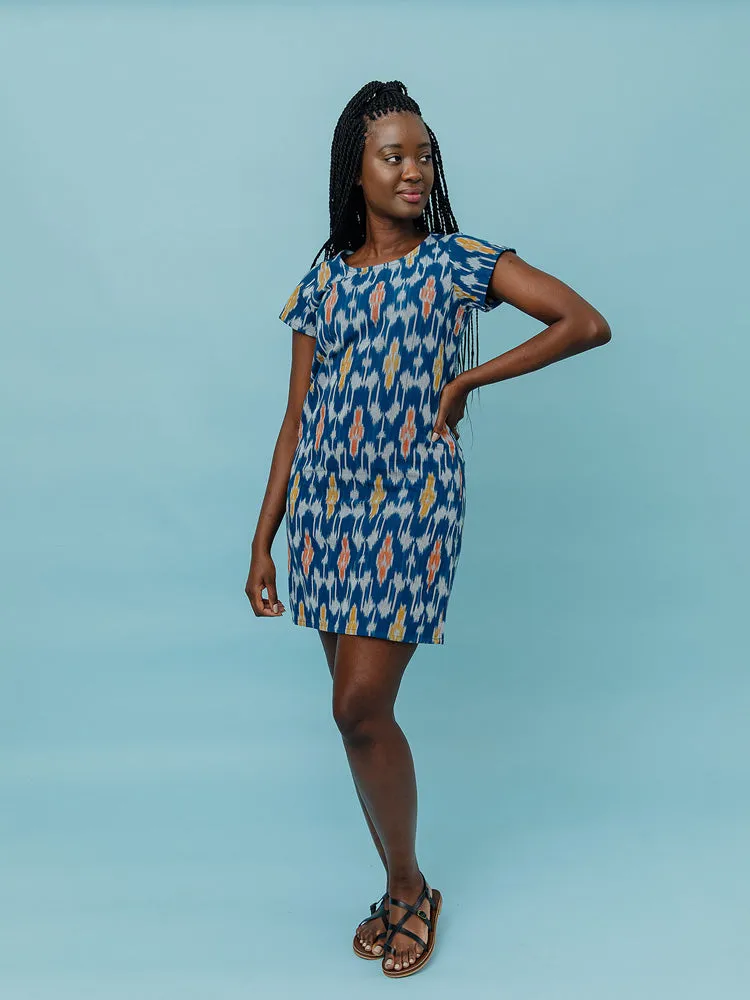 Farida Shift Dress - Blue Ikat