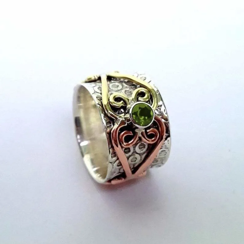 Floral Peridot Gemstone Spinner 925 Sterling Silver Ring,Handmade Jewelry,Gift for her