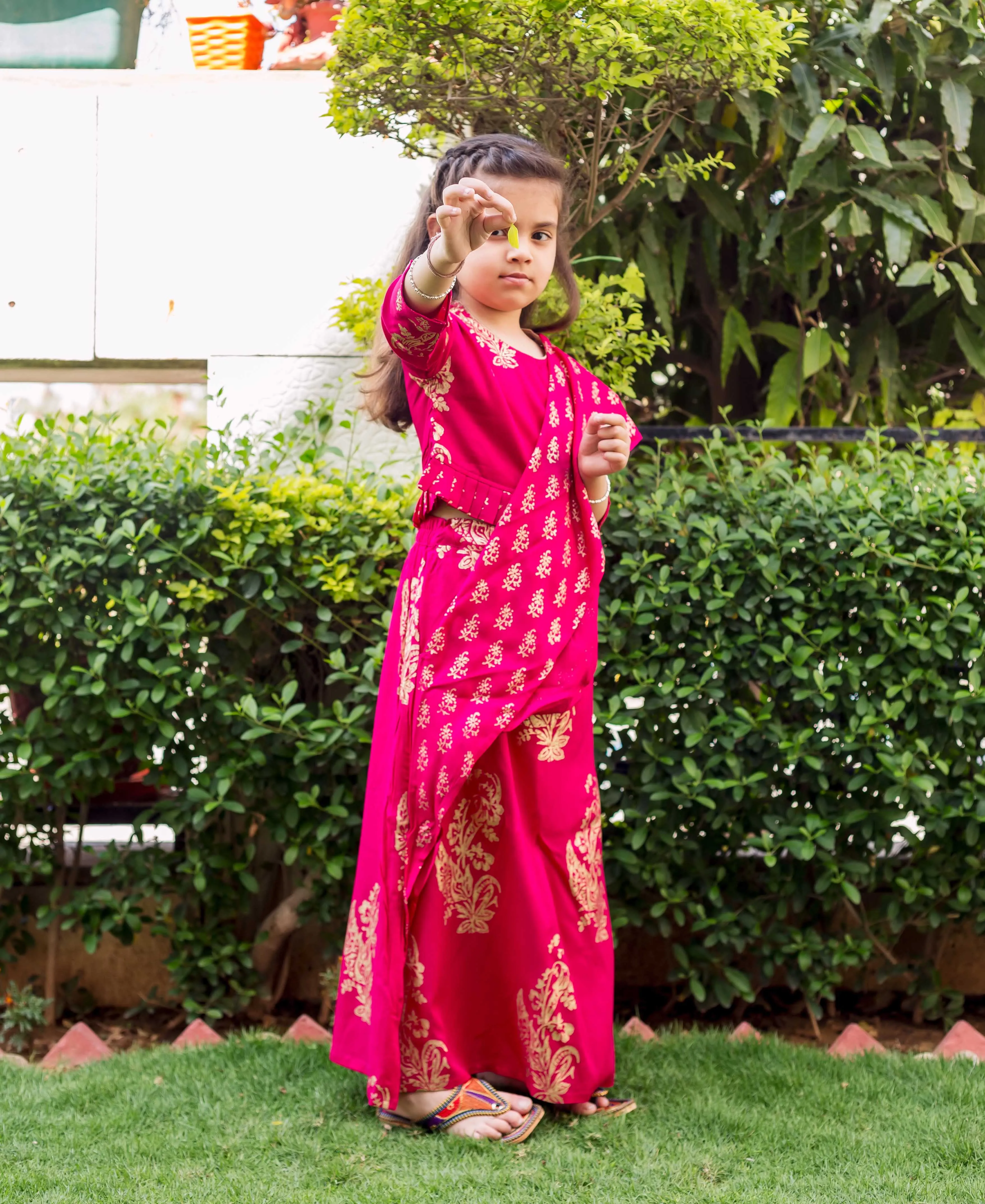 Fuchsia and Gold Printed Top with Saree Skirt for Baby Girl