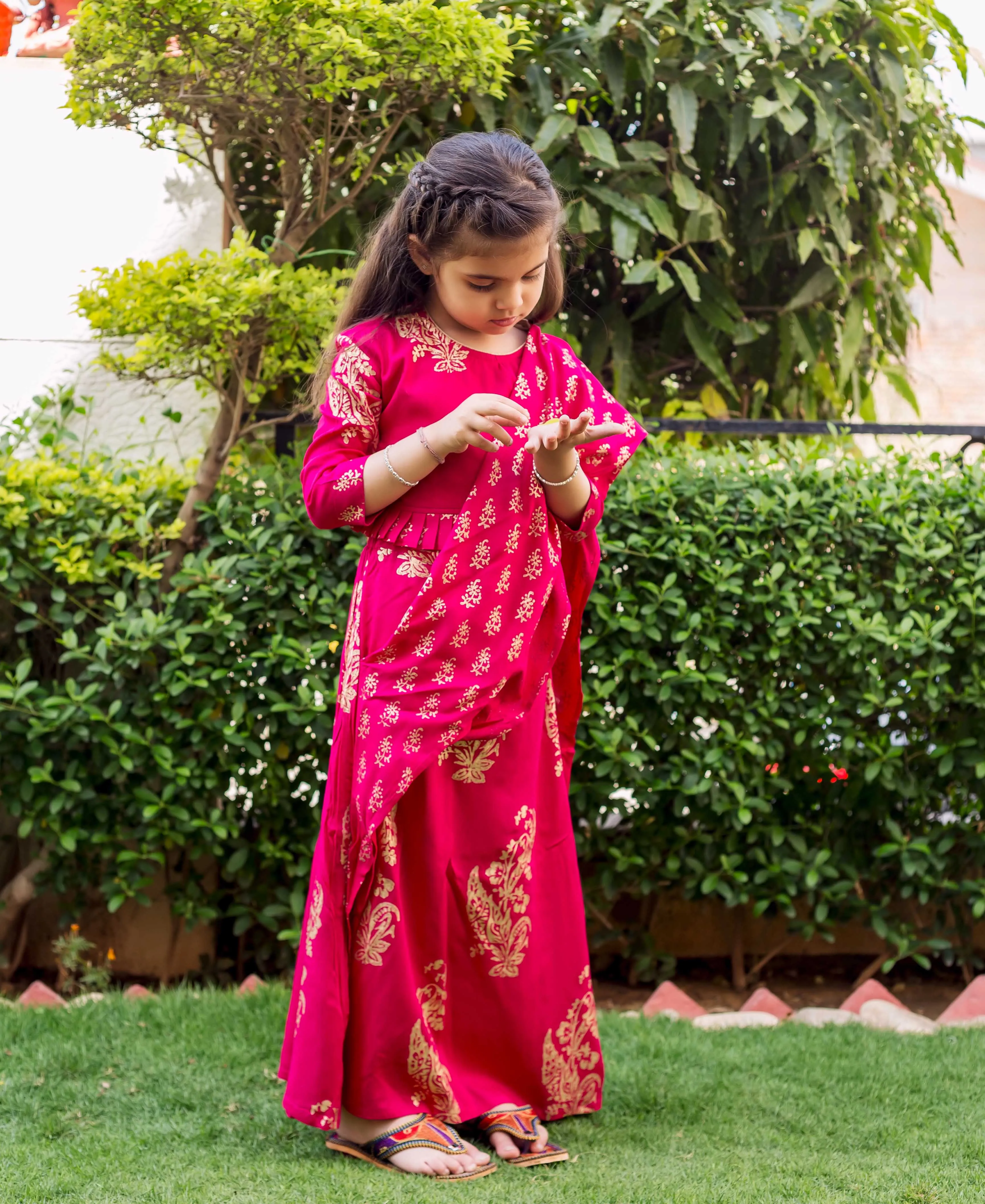 Fuchsia and Gold Printed Top with Saree Skirt for Baby Girl