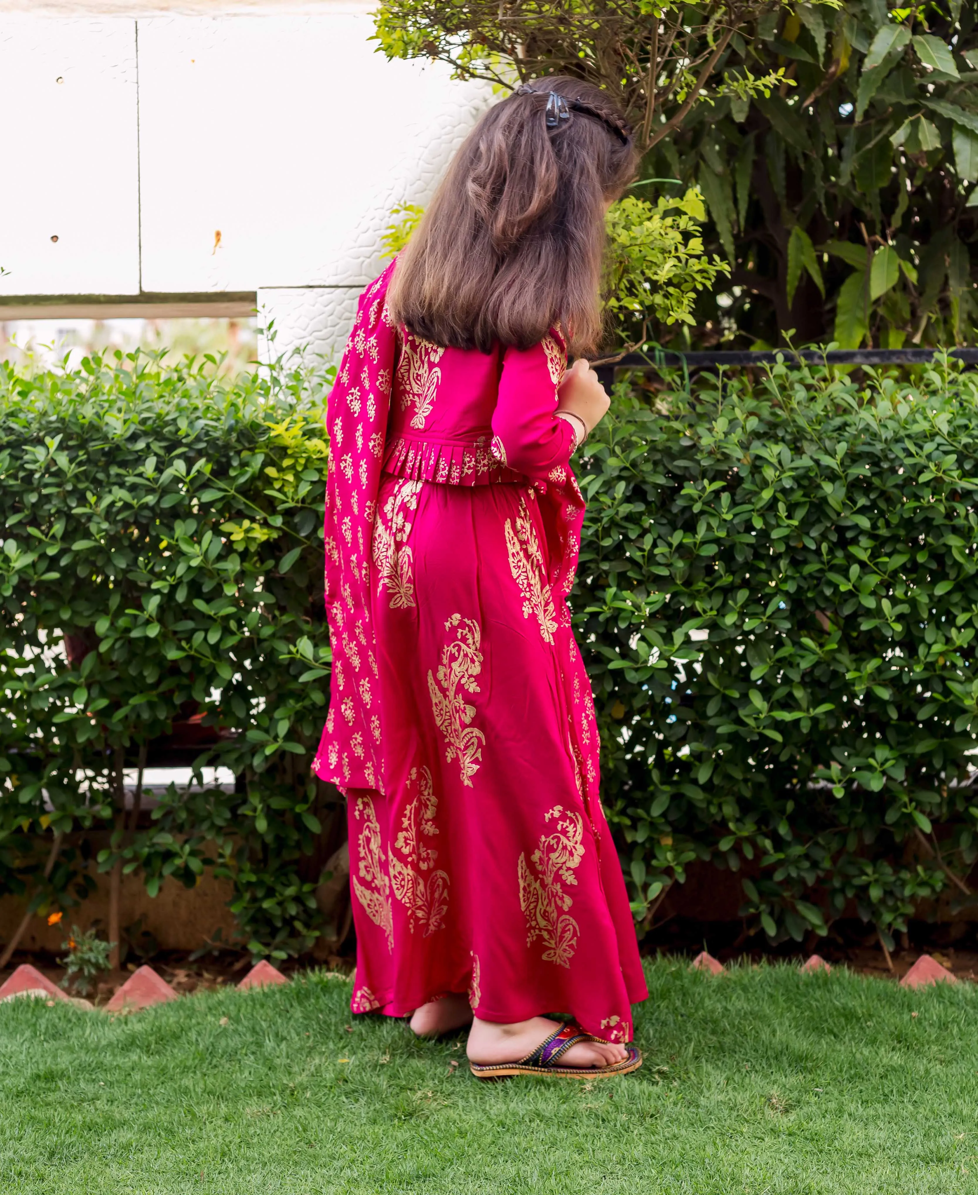 Fuchsia and Gold Printed Top with Saree Skirt for Baby Girl