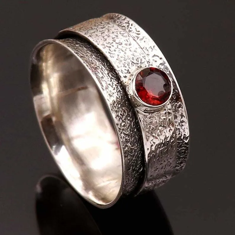 Garnet Spinner Boho 925 Sterling Silver Ring, Anxiety, Worry, Handcrafted Jewelry, Gift For Her