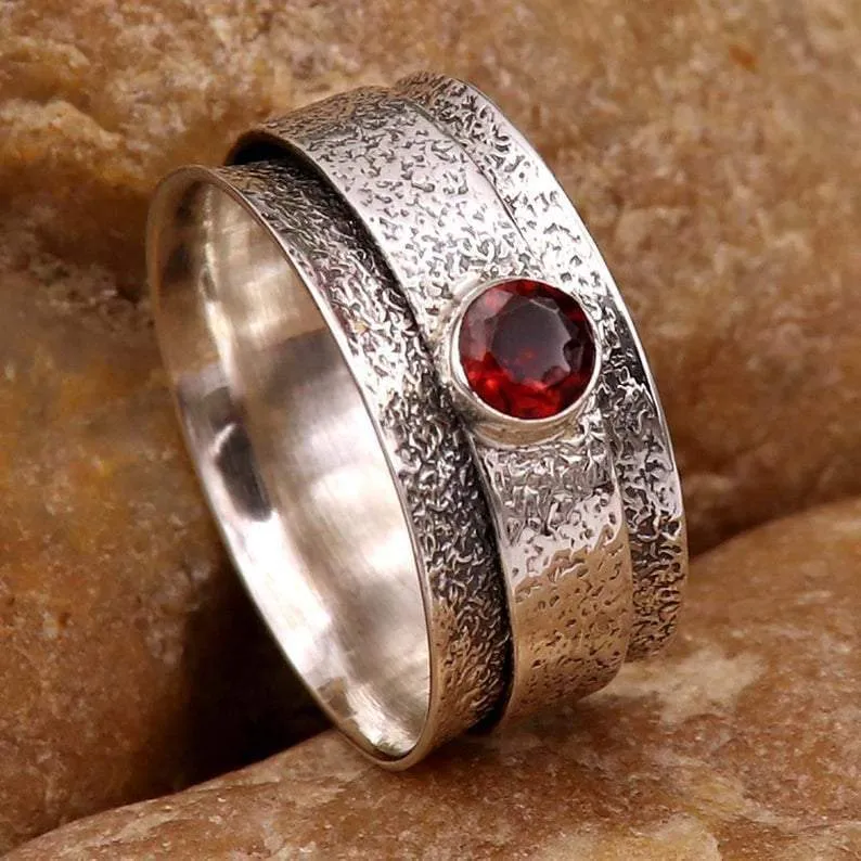 Garnet Spinner Boho 925 Sterling Silver Ring, Anxiety, Worry, Handcrafted Jewelry, Gift For Her