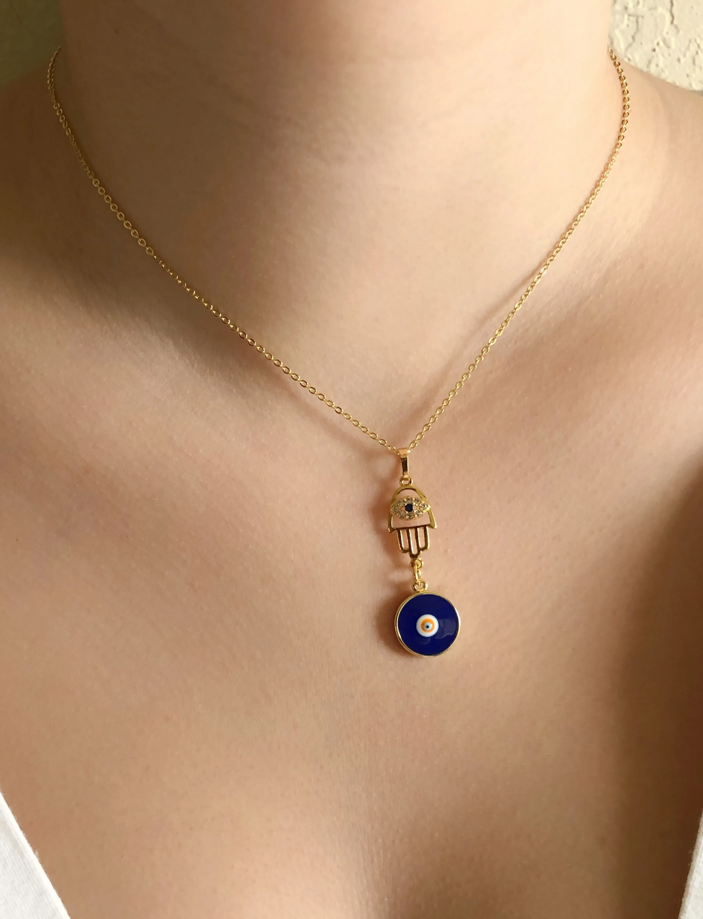 Gold Hamsa Hand and Blue Evil Eye Short Choker Chain 15.5 Inches