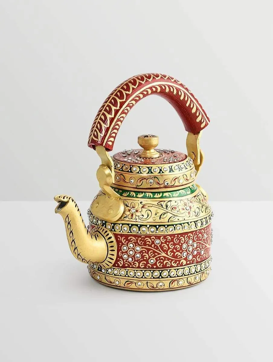 Golden and Red Hand Painted Tea Pot in Aluminium