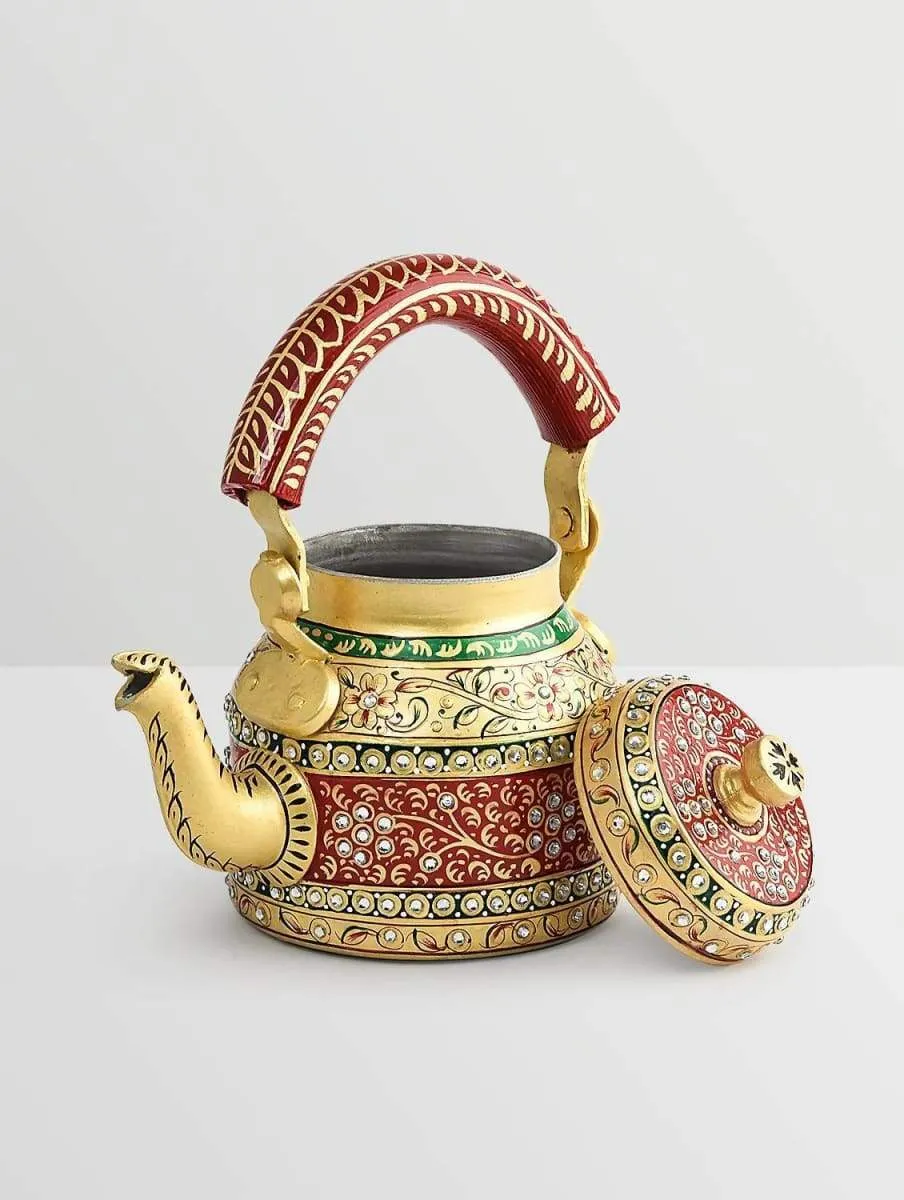 Golden and Red Hand Painted Tea Pot in Aluminium