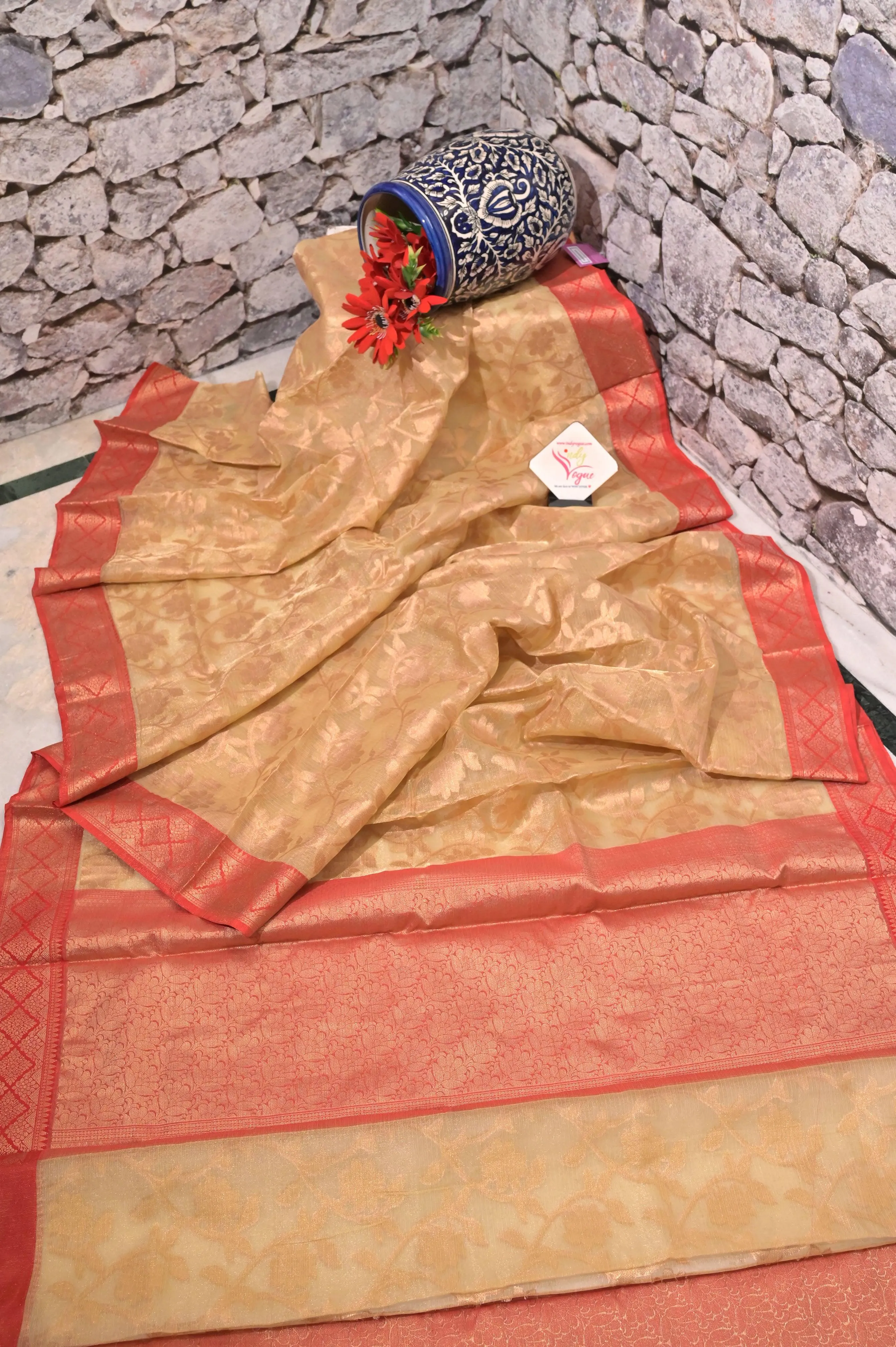 Golden Color Tissue Banarasi Saree with Allover Jaal Zari and Golden Buti Work