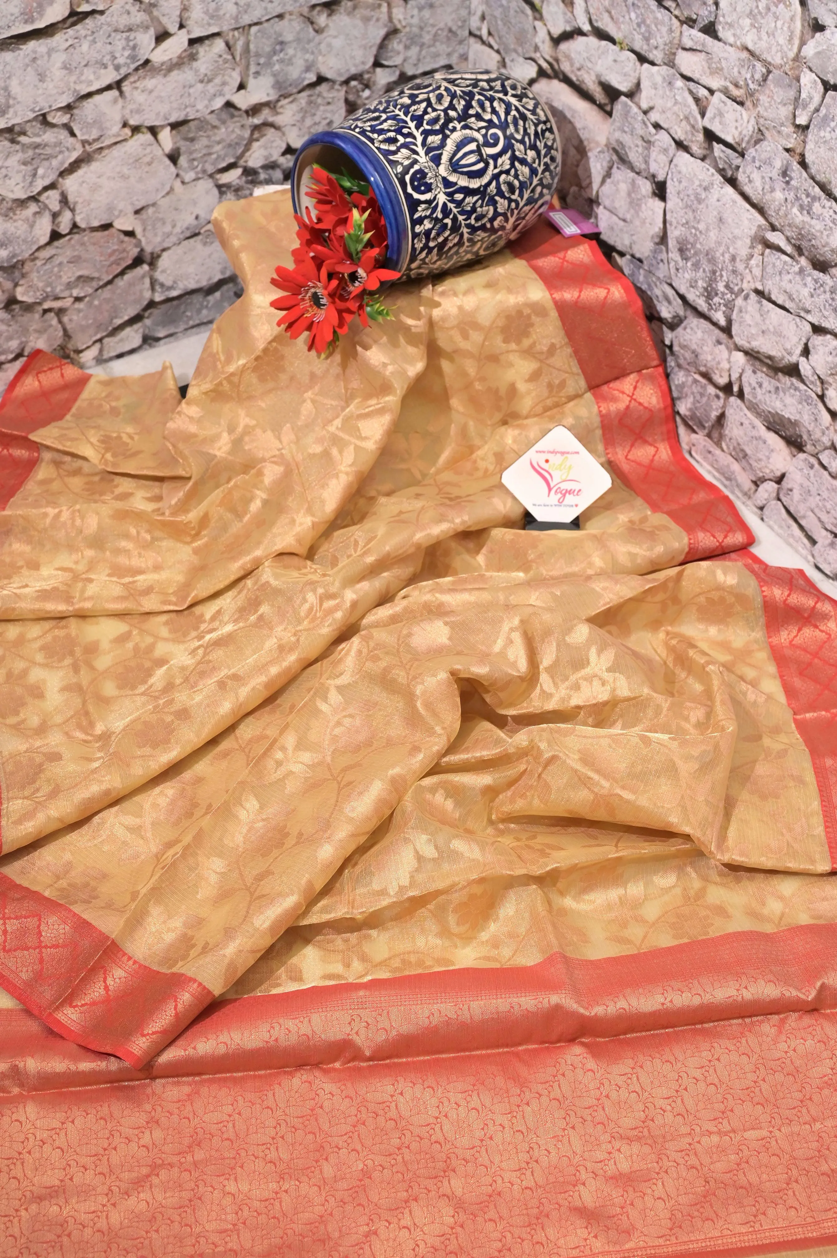 Golden Color Tissue Banarasi Saree with Allover Jaal Zari and Golden Buti Work