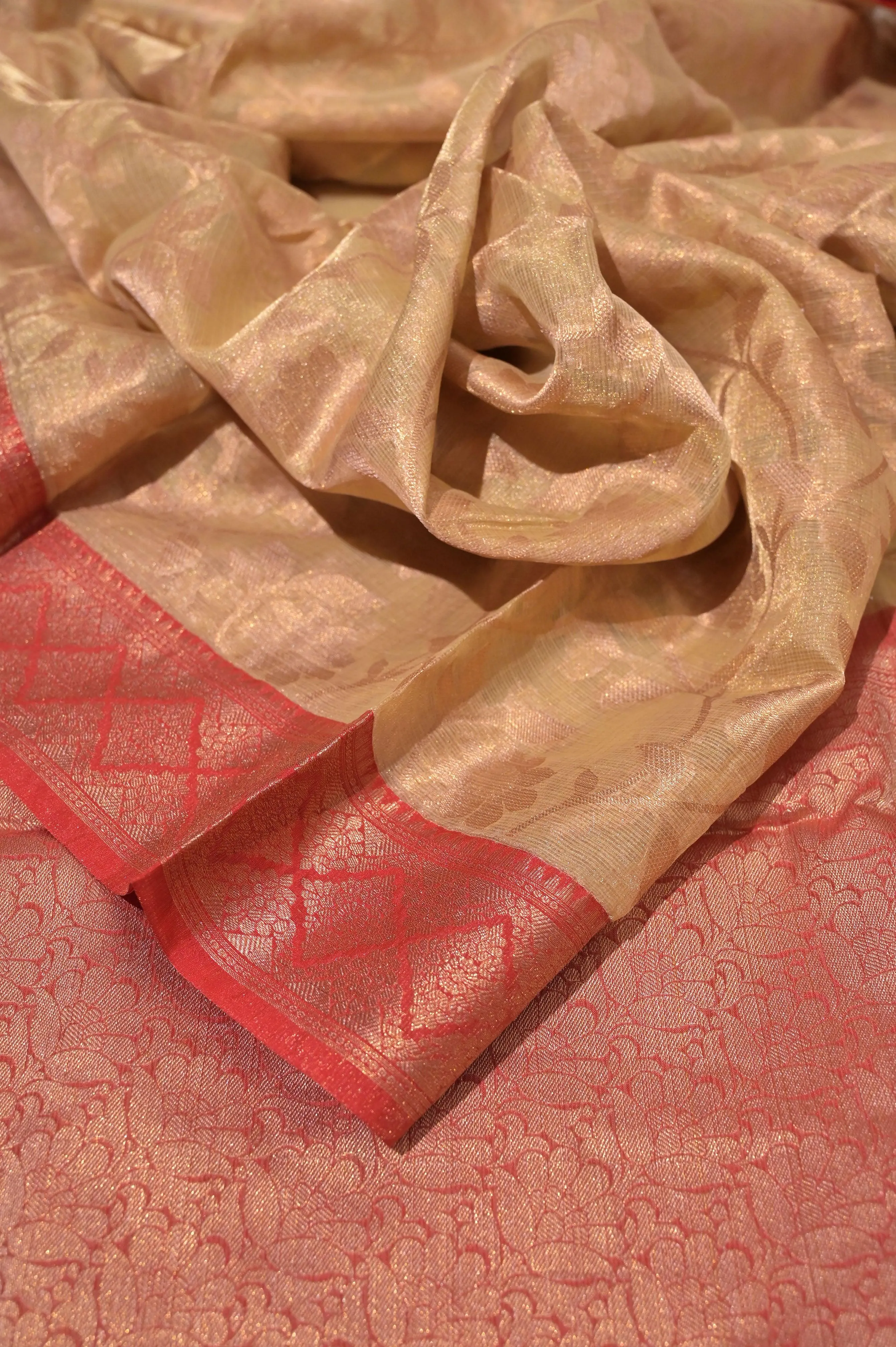 Golden Color Tissue Banarasi Saree with Allover Jaal Zari and Golden Buti Work