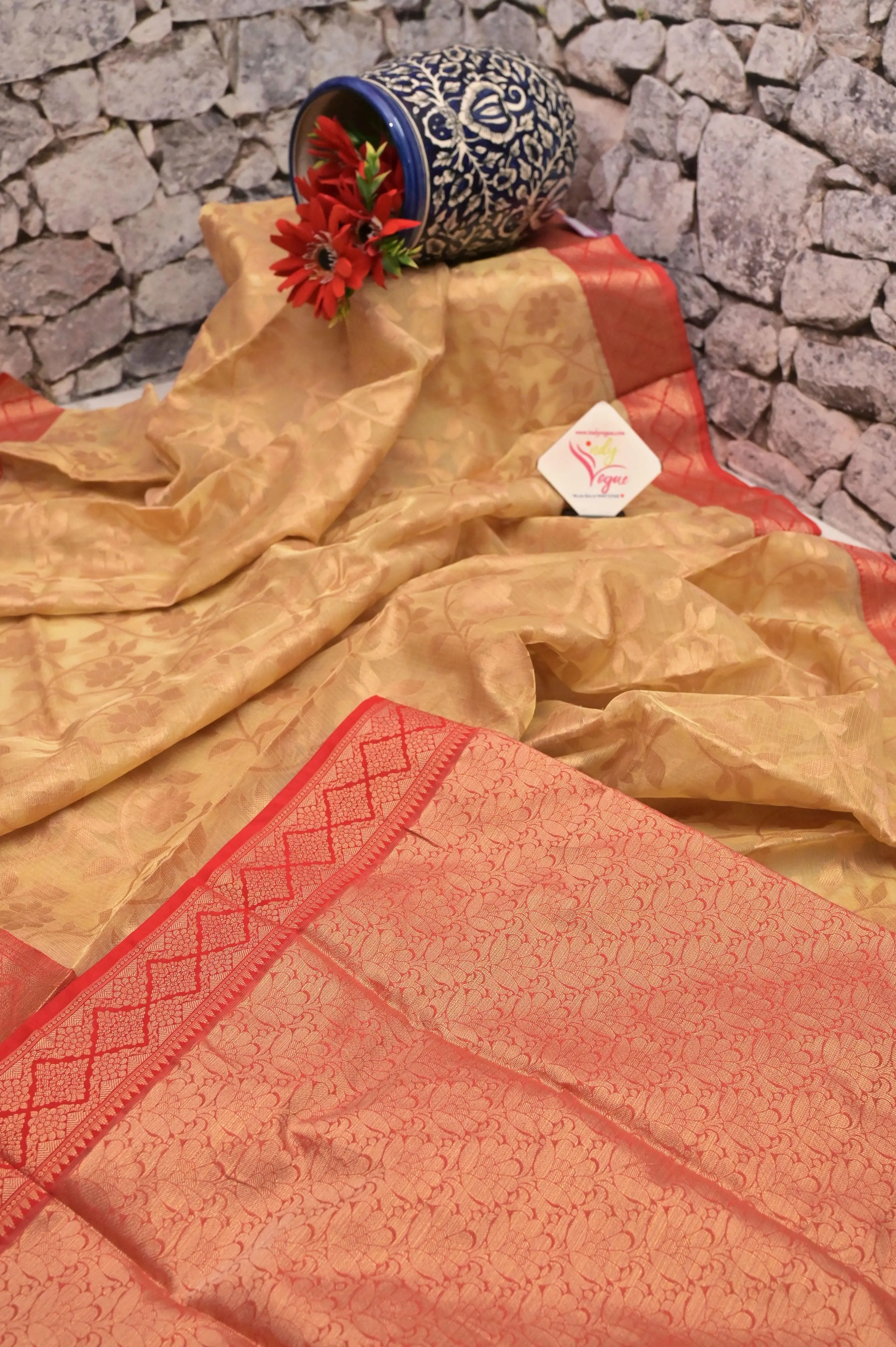 Golden Color Tissue Banarasi Saree with Allover Jaal Zari and Golden Buti Work