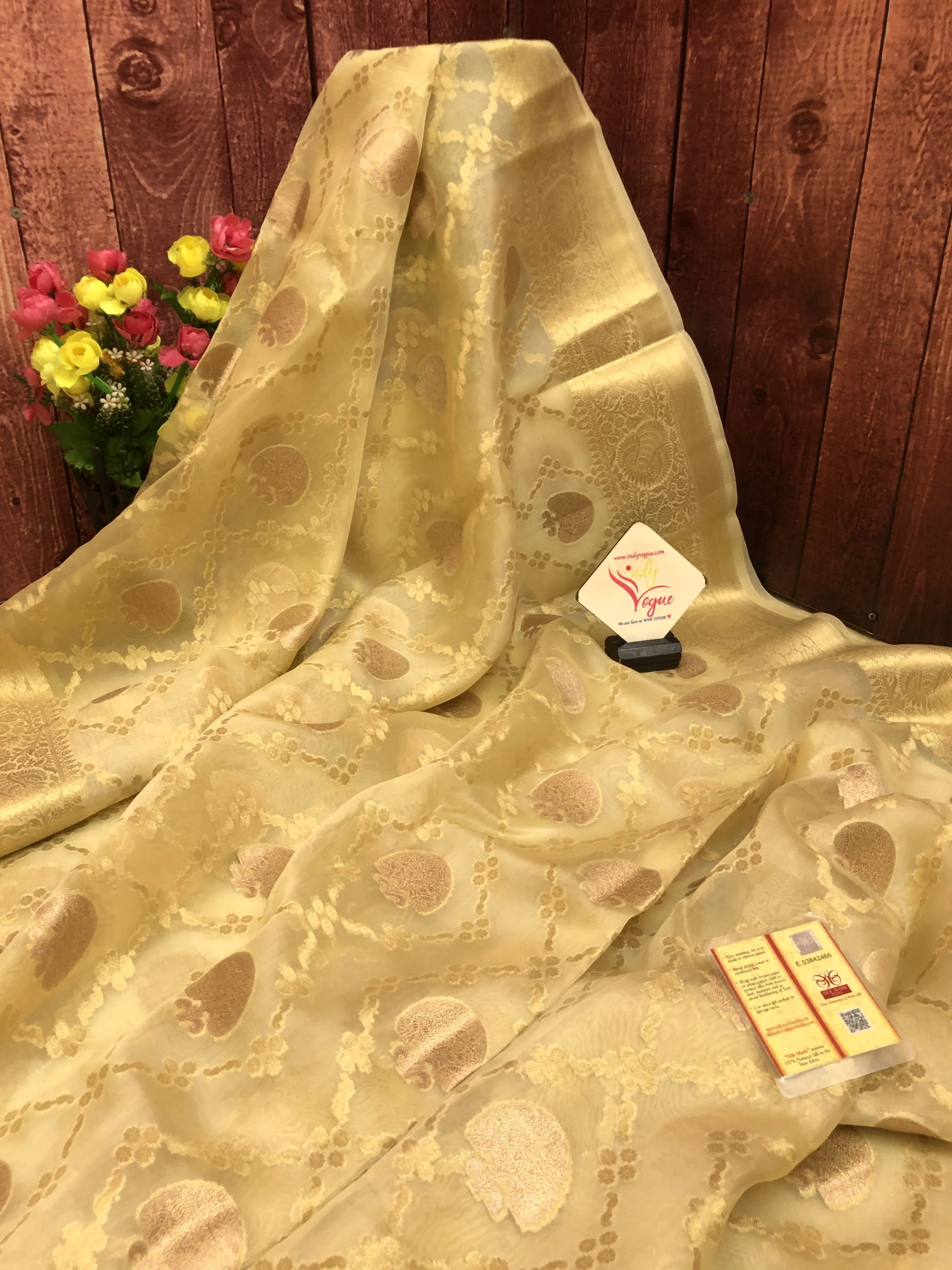 Golden Cream Color Kora Organza Silk Saree