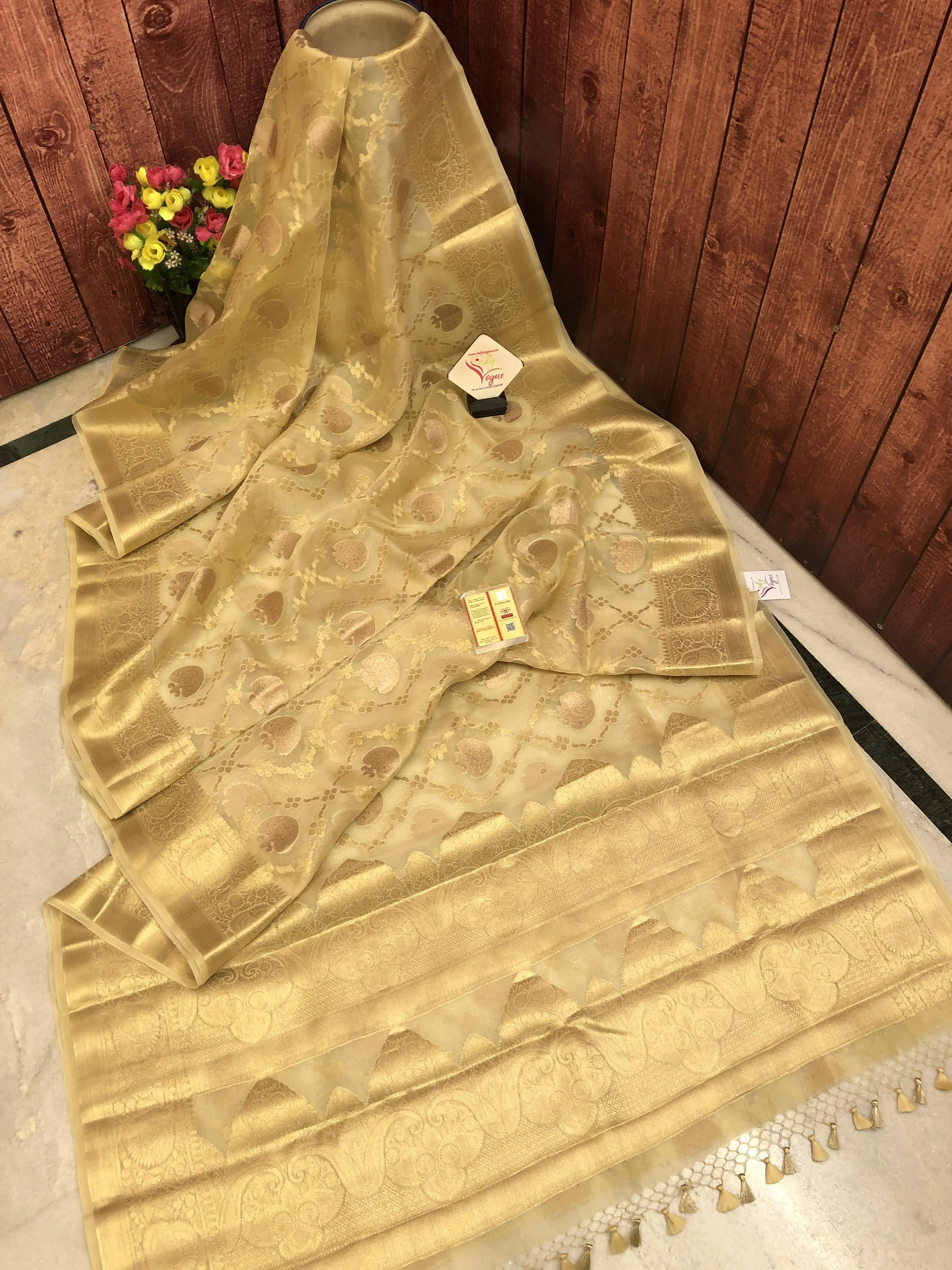 Golden Cream Color Kora Organza Silk Saree