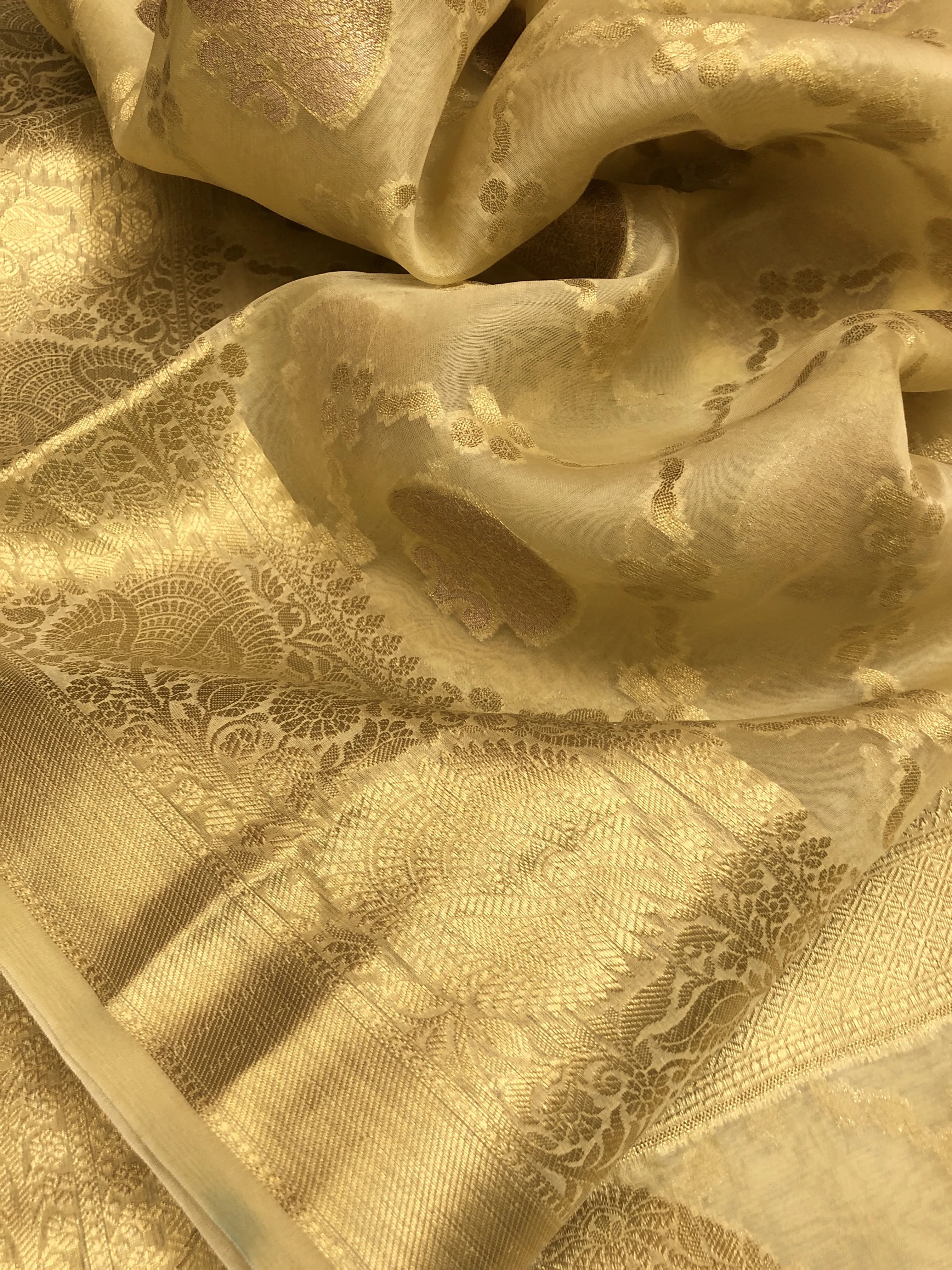 Golden Cream Color Kora Organza Silk Saree