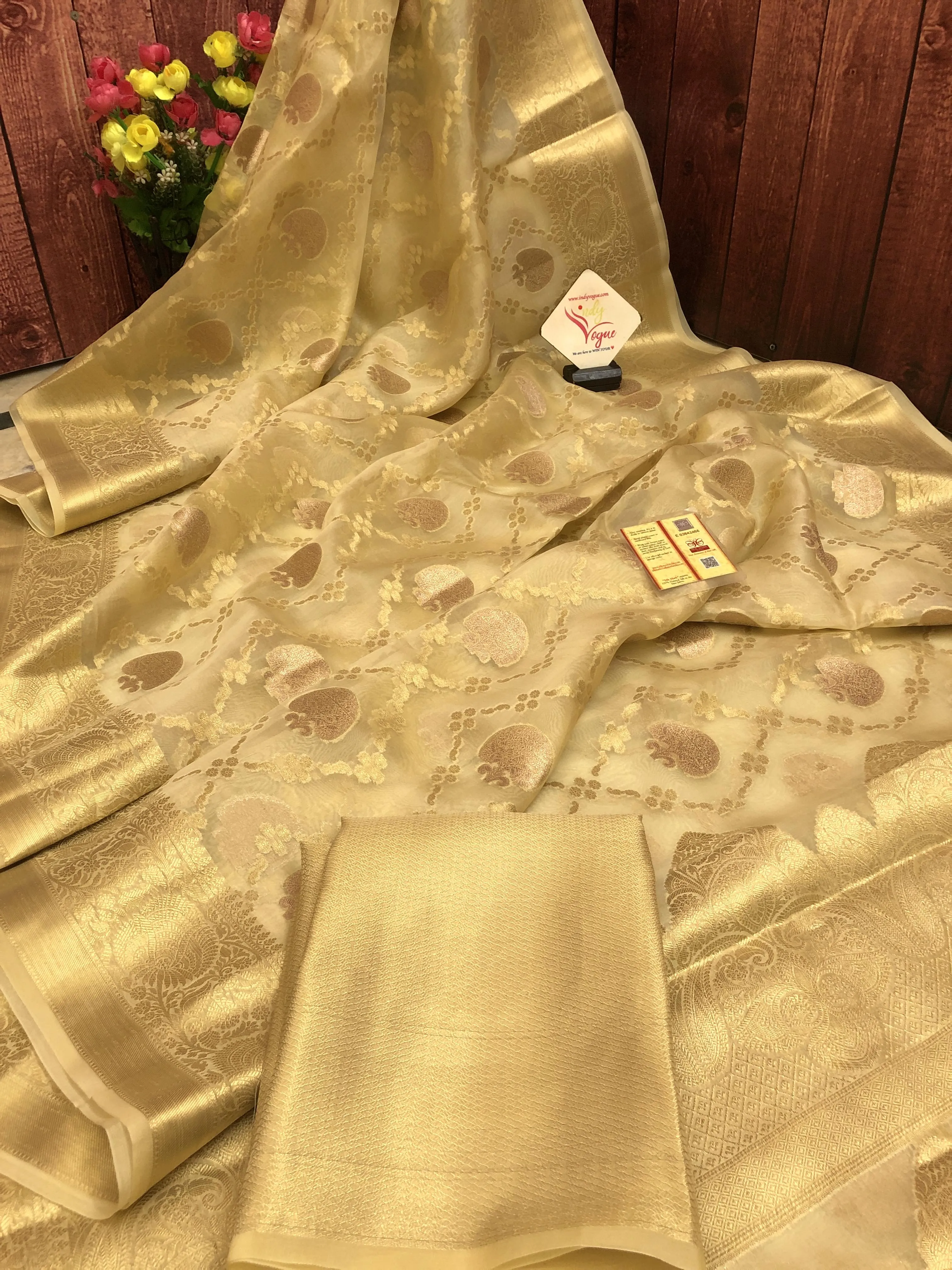 Golden Cream Color Kora Organza Silk Saree