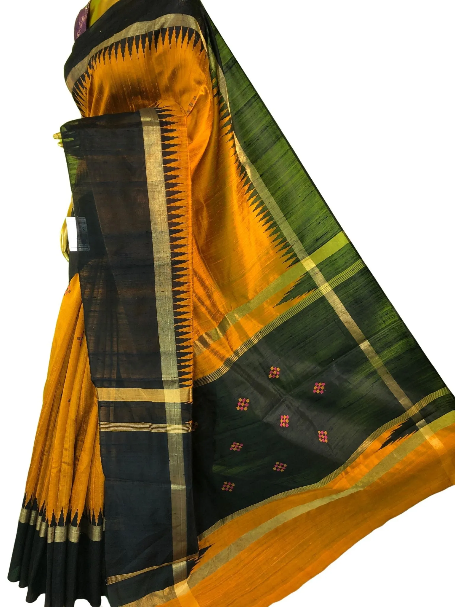 Golden Mustard and Deep Blue Color Pure Raw Silk Saree with Butti