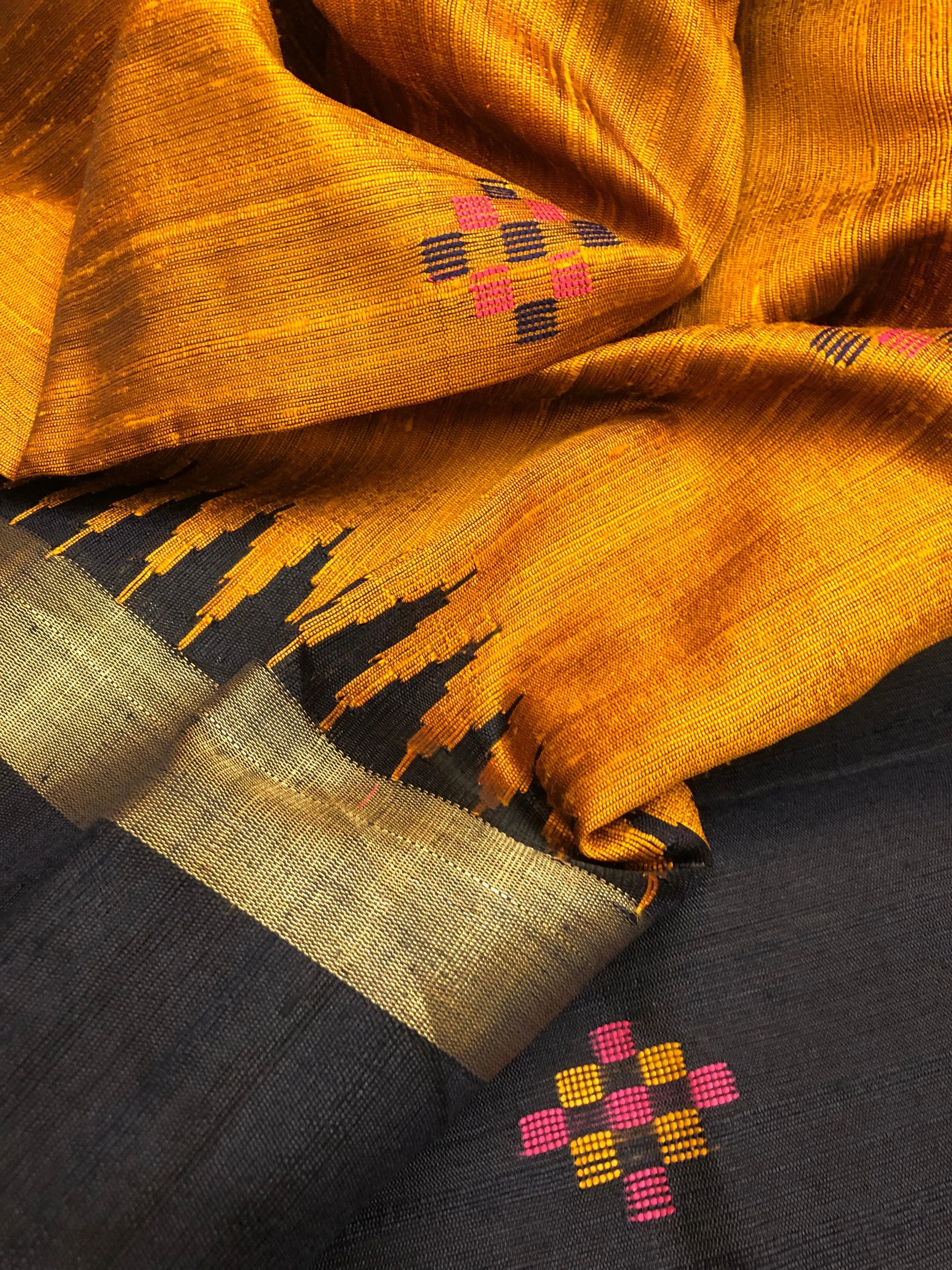 Golden Mustard and Deep Blue Color Pure Raw Silk Saree with Butti