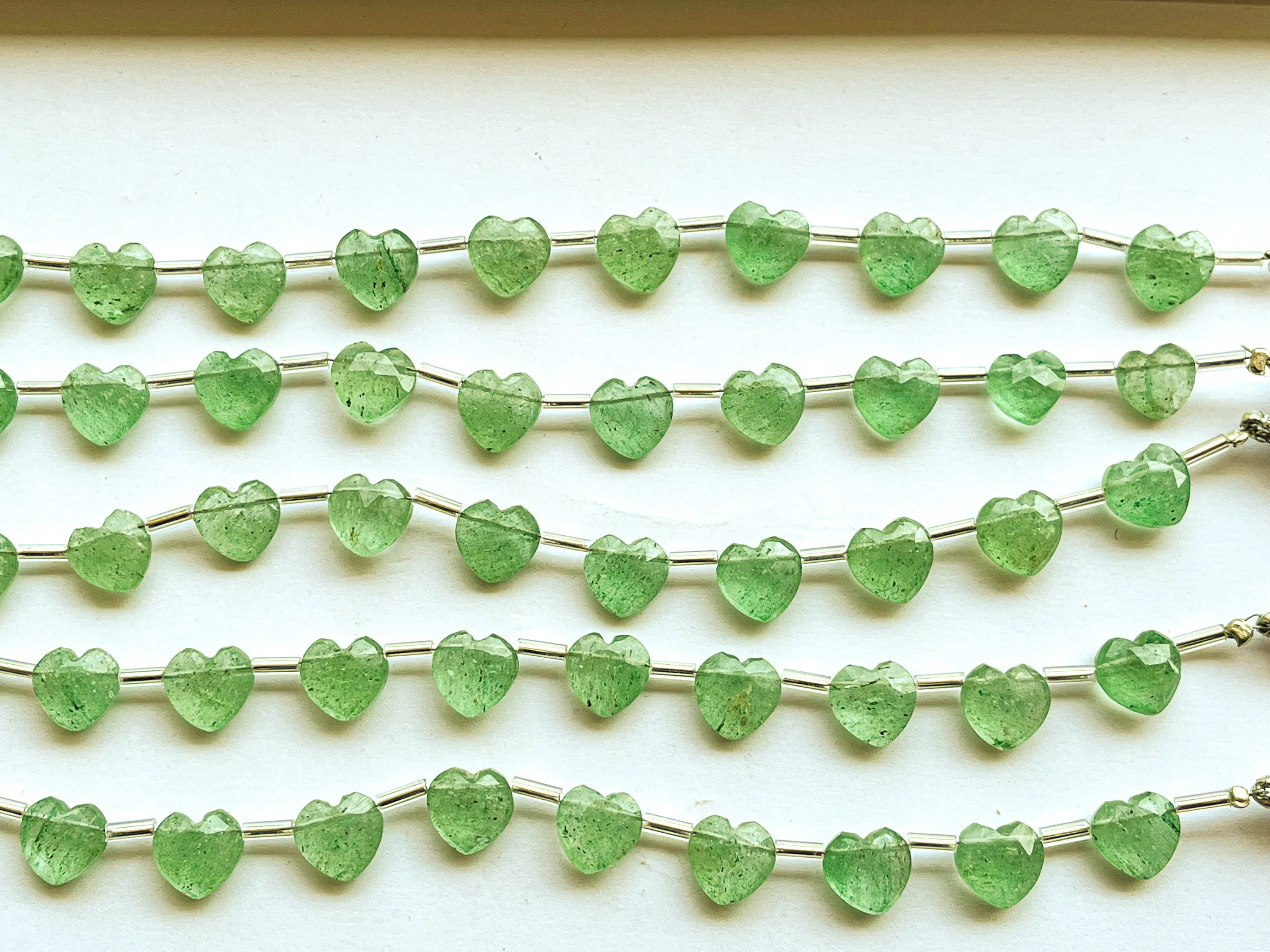 Green Aventurine Heart Shape Faceted Briolette Beads, Side Drill, 9x9mm, 11 Pieces, Beadsforyourjewelry