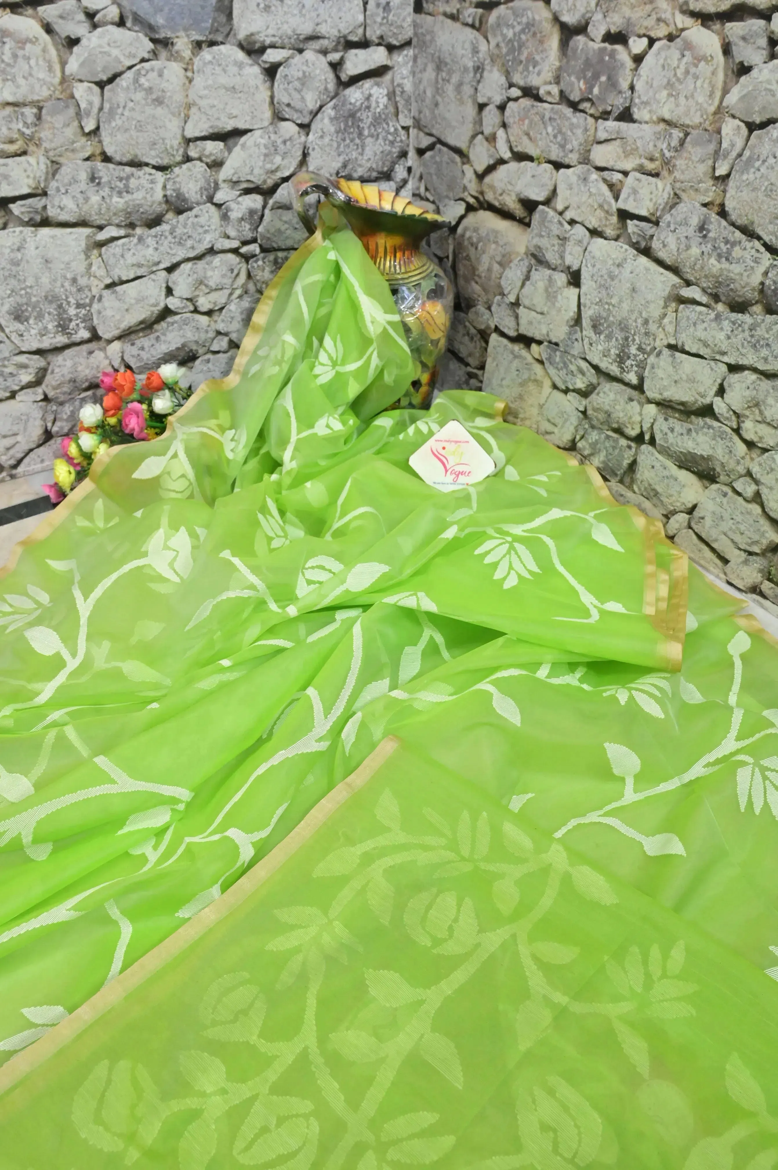 Green Color Muslin Jamdani Saree with Allover Weaving