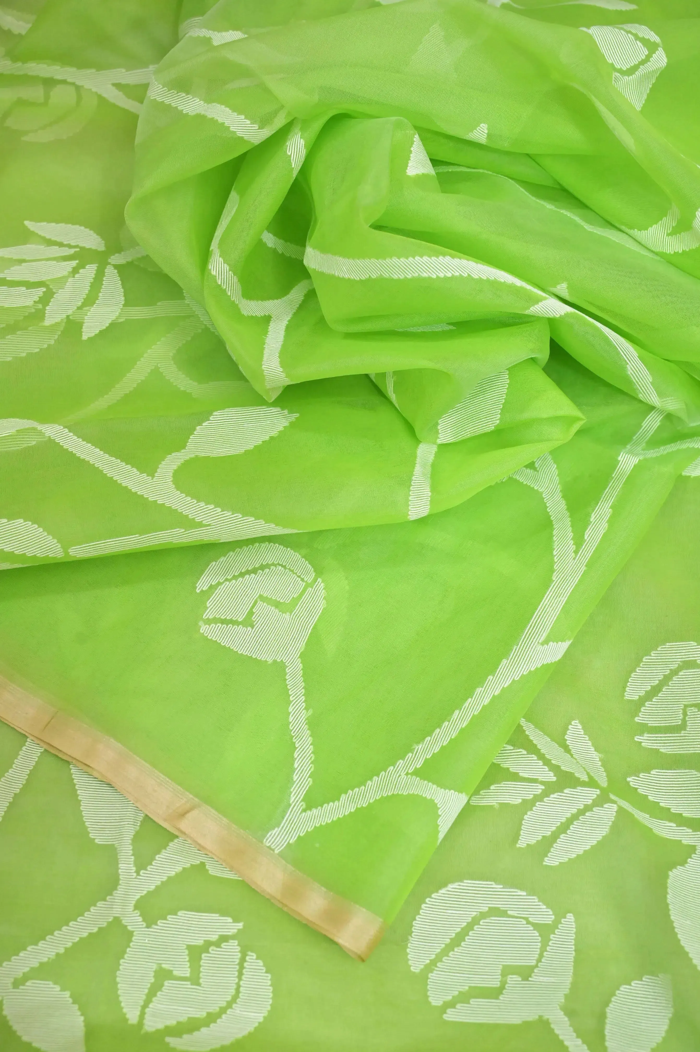 Green Color Muslin Jamdani Saree with Allover Weaving