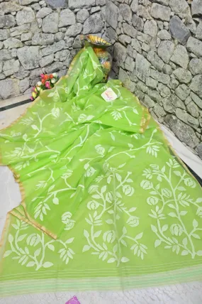 Green Color Muslin Jamdani Saree with Allover Weaving