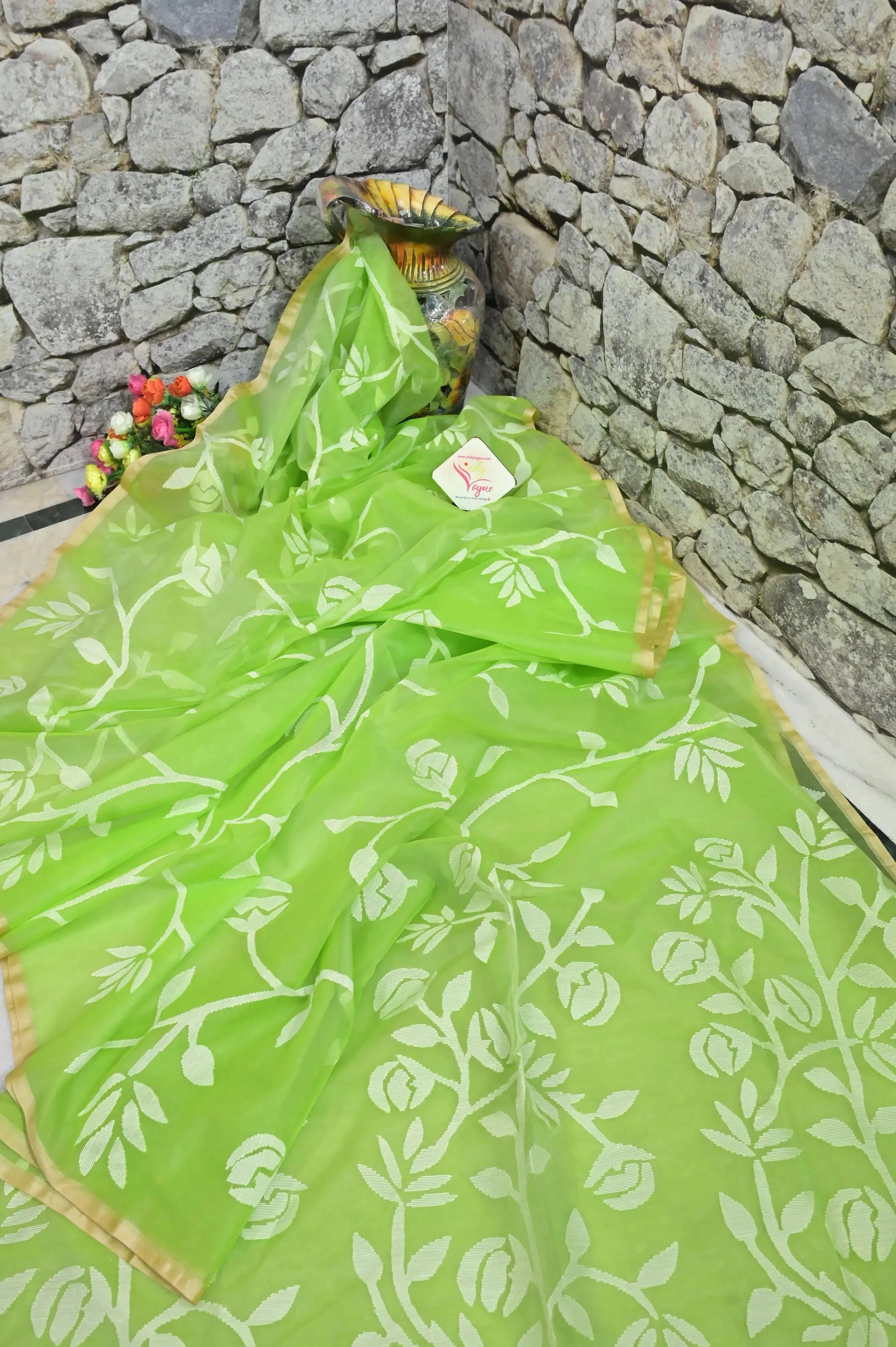 Green Color Muslin Jamdani Saree with Allover Weaving