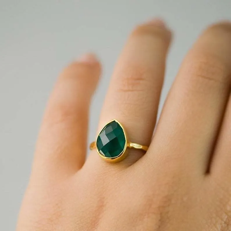 Green Onyx Teardrop Statement Ring, Handcrafted Jewelry, Gift for her