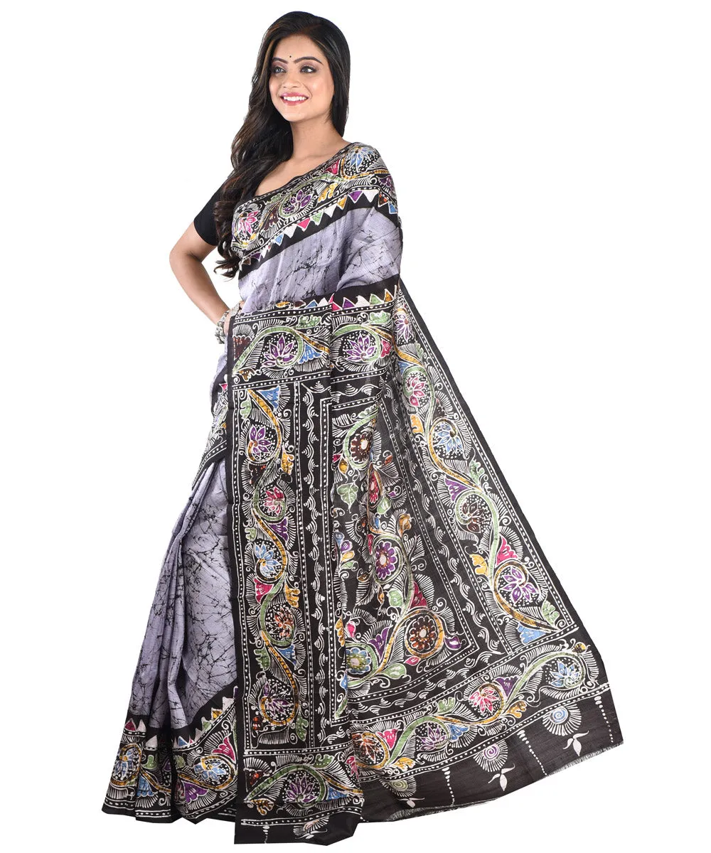 Grey black silk handloom batik print saree