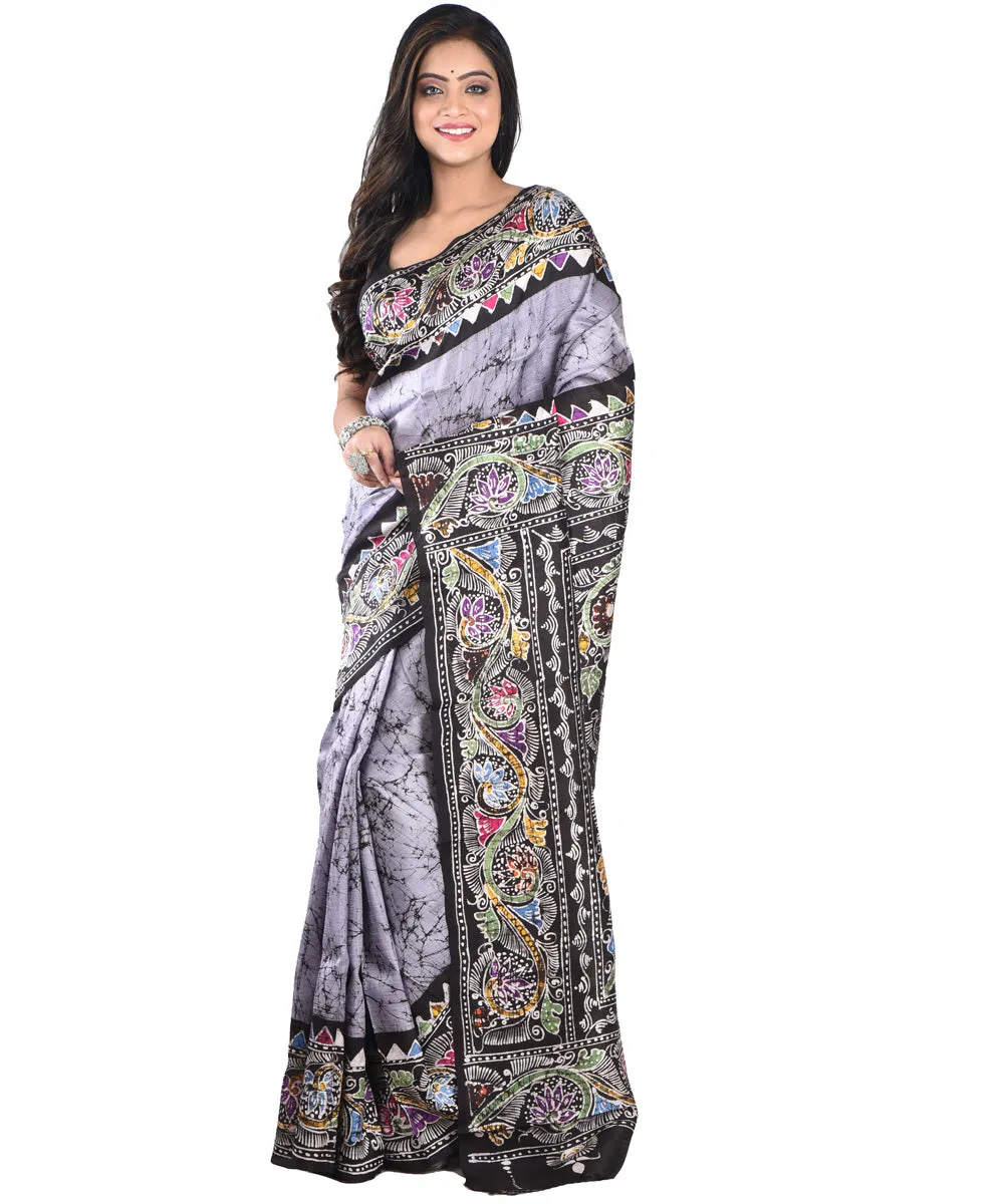 Grey black silk handloom batik print saree