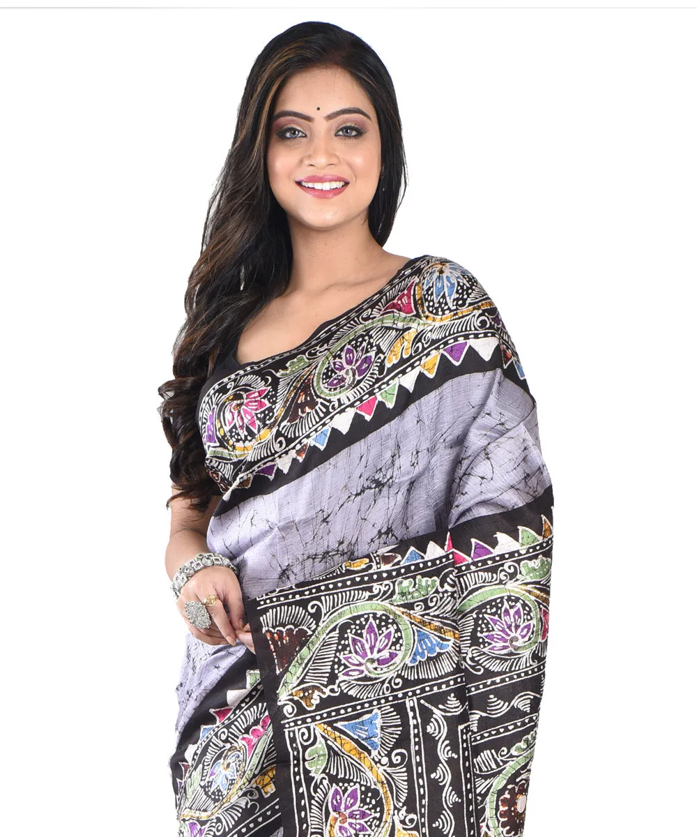 Grey black silk handloom batik print saree