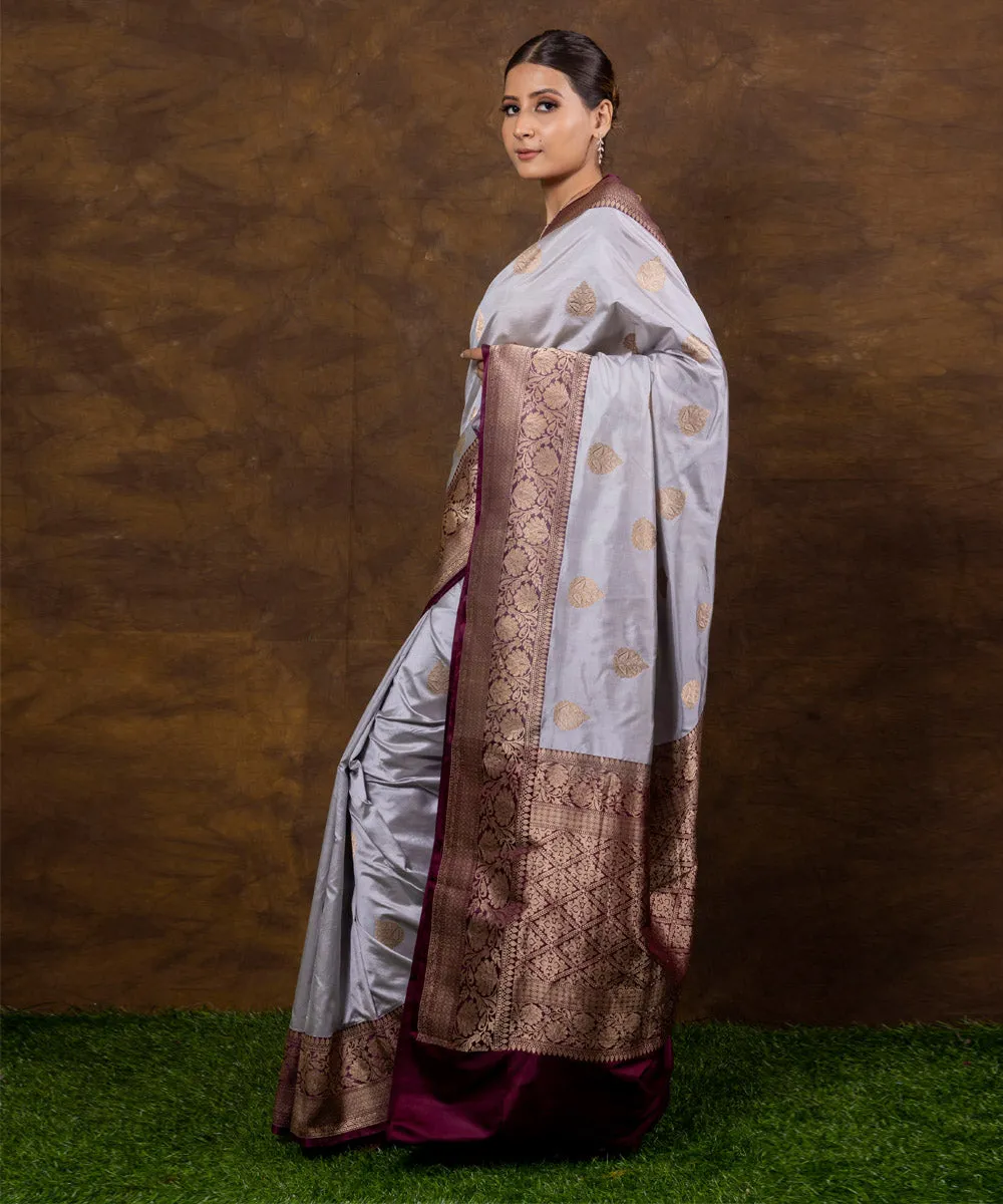 Grey silk purple handwoven banarasi saree